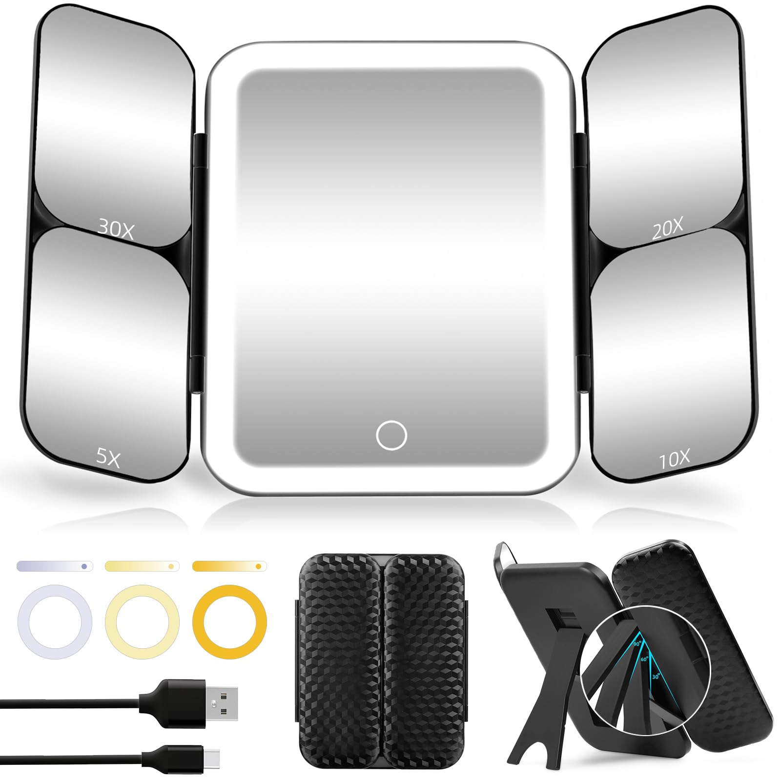 Specchio da trucco illuminato a tre ante con ingrandimento 30X/20X/10X/5X e ingrandimento completo 1X, specchio cosmetico da banco con luci per viaggi, scrivania, uso domestico(Nero)