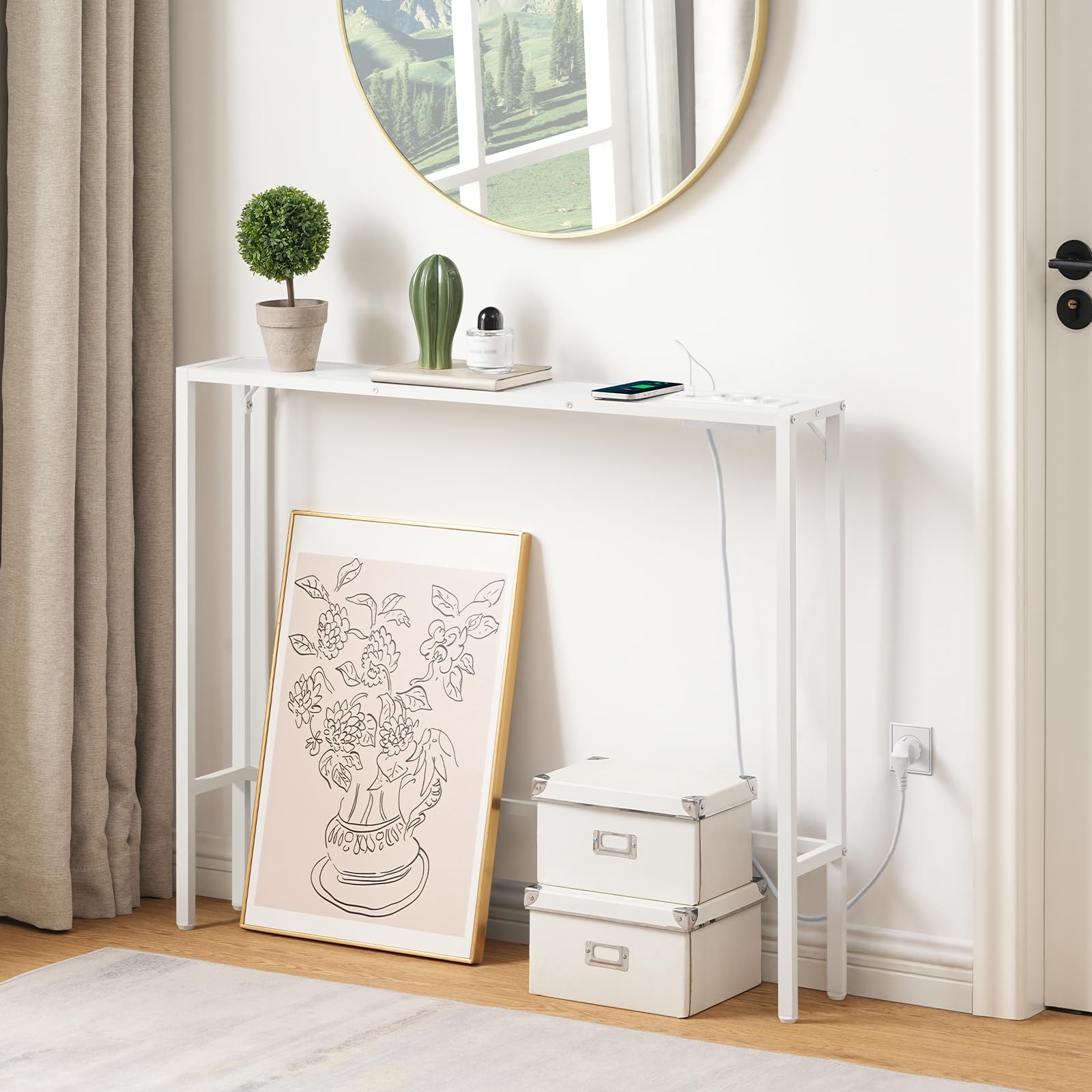 MAHANCRIS Tavolo Consolle da 100 cm, Consolle d'Ingresso con Prese e Porte USB, Tavolino Stretto per Divano, Corridoio, per Soggiorno, Camera da Letto, Corridoio, Bianco ACTWT968UE01