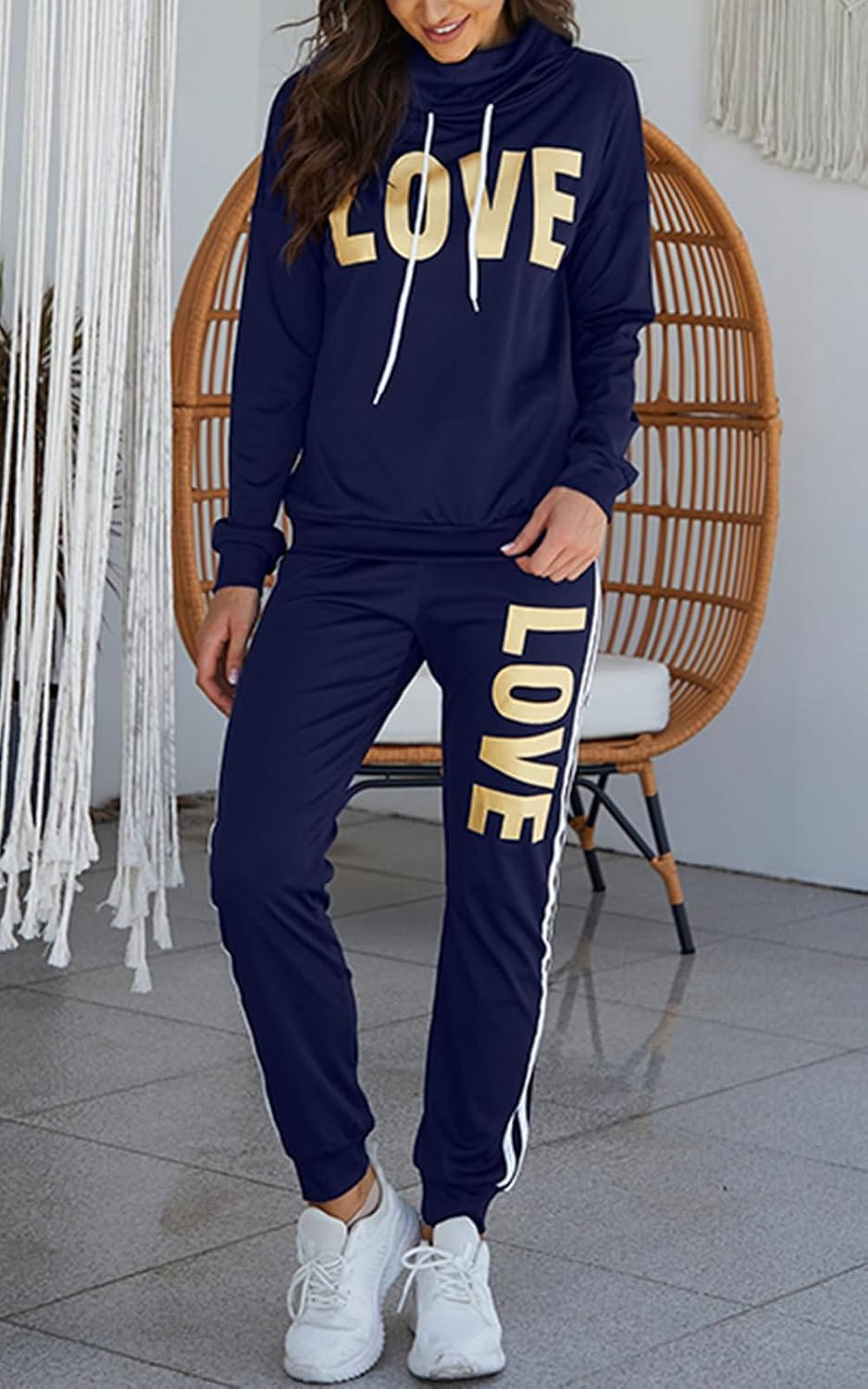 Angsuttc Womens 2 Piece Sweatsuit Set Letter Print Jogger Pants | Soft lightweight stretch fabric with letter print top and side stripe jogger pants for lounge, travel and casual daily wear
