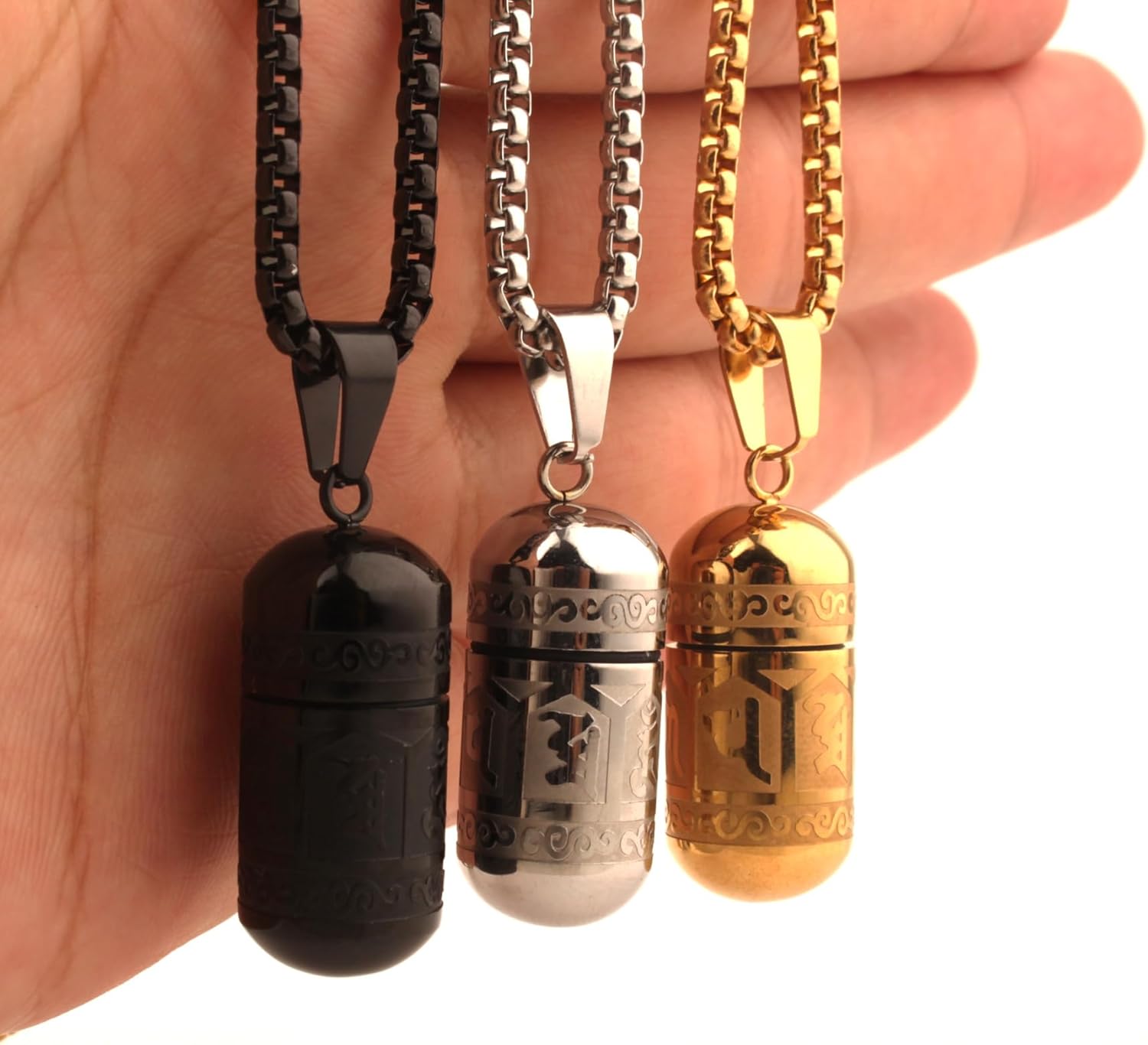 Tibetan Buddhist Meditation Stainless Steel Pendant Memorial Cremation Ash Pill Container Necklace 23.6+1.96" Chain - Image 4