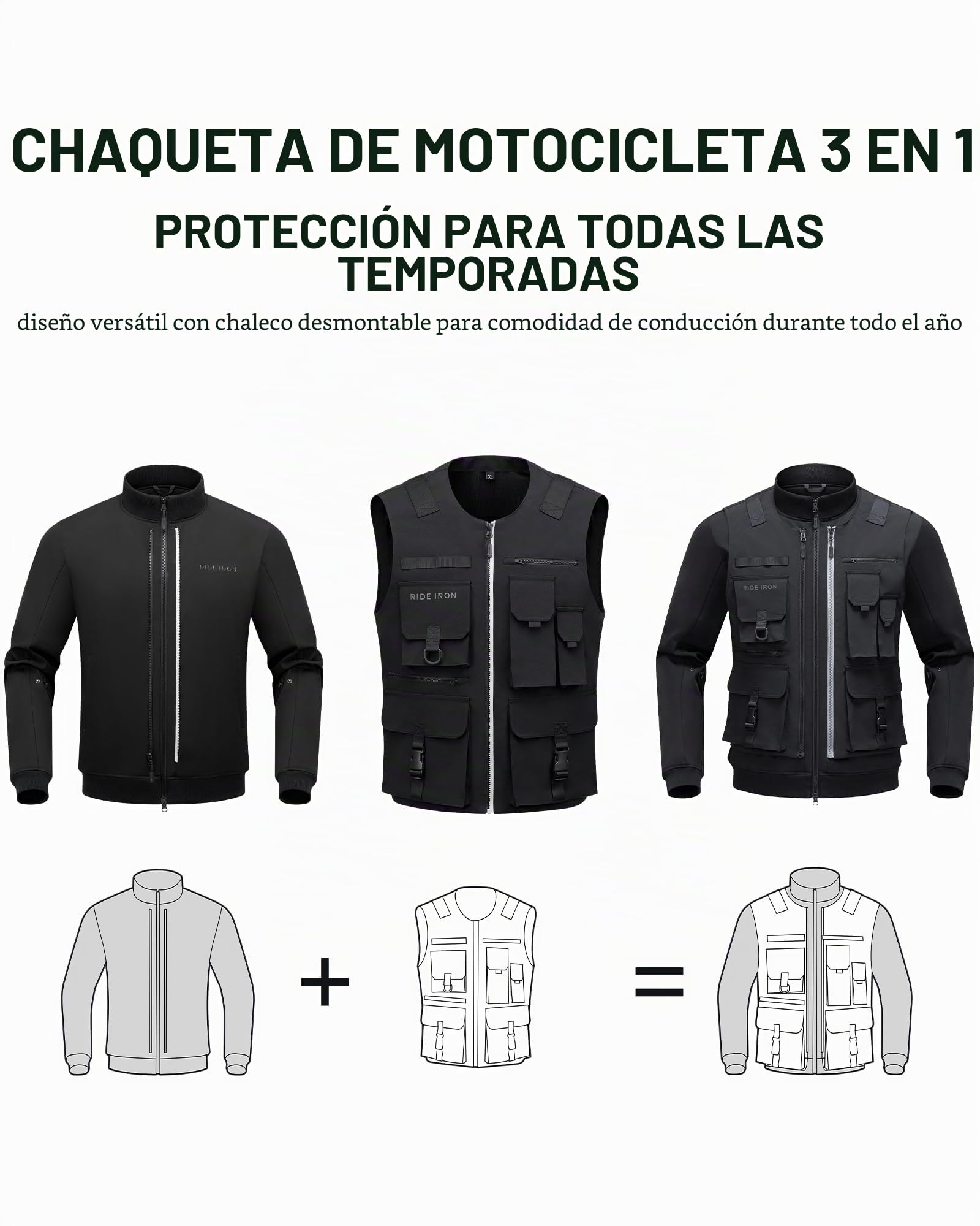 RIDEIRON Chaquetas Moto Hombre Invierno Equipo Protección 3 en 1 Adecuado para Ciclismo Senderismo Deportes al Aire Libre Negro M