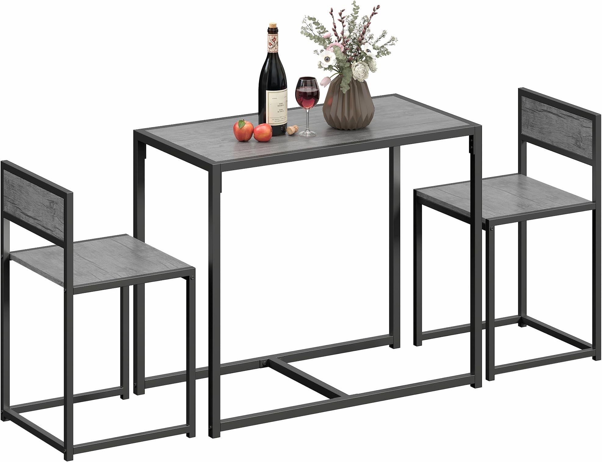 HOMCOM Dining Table and Chairs Set 2, Dining Room Sets, Rectangular Space Saving Table and 2 Chairs for Compact Kitchens, Steel Frame, Charcoal Grey Wood-Effect