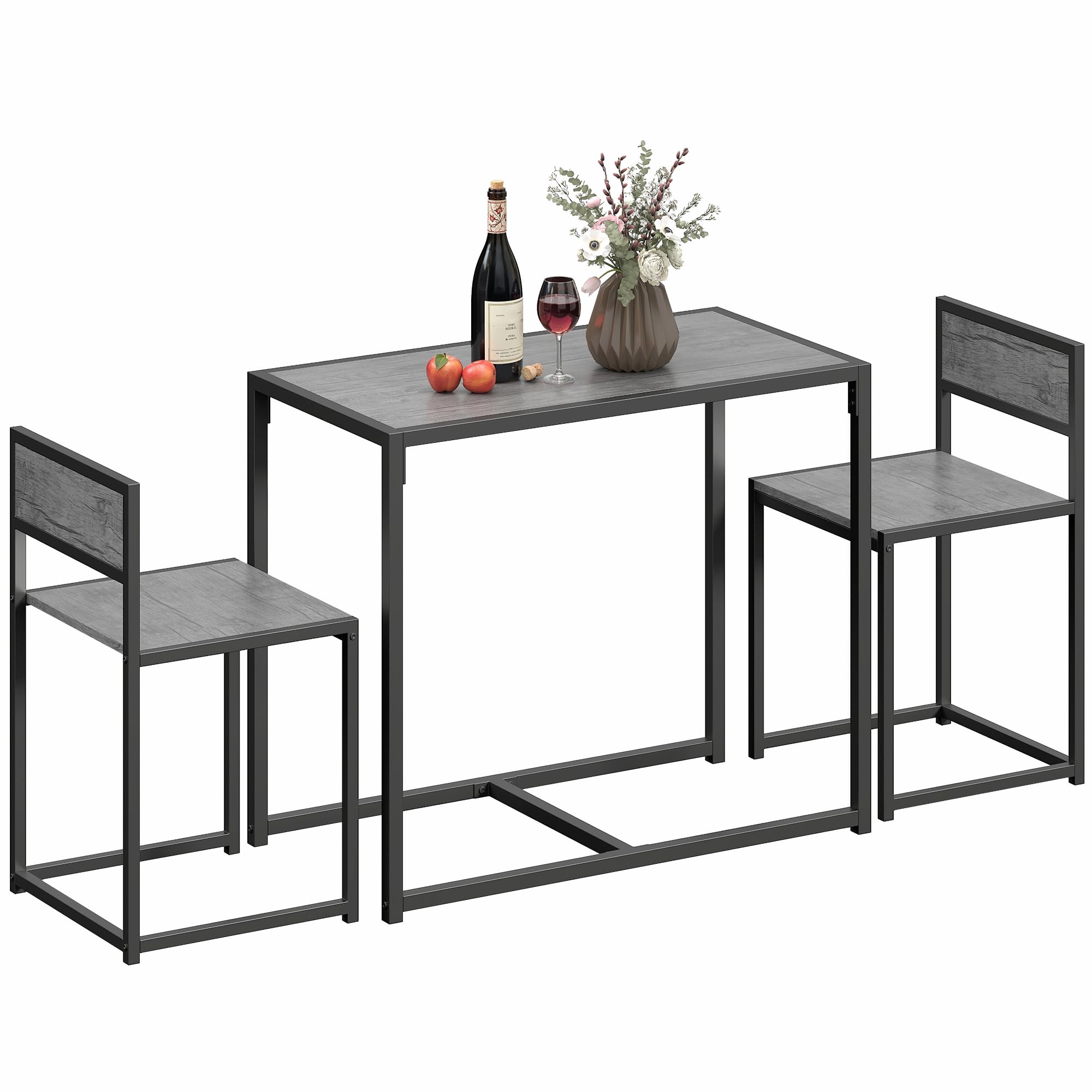 HOMCOM Dining Table and Chairs Set 2, Dining Room Sets, Rectangular Space Saving Table and 2 Chairs for Compact Kitchens, Steel Frame, Charcoal Grey Wood-Effect