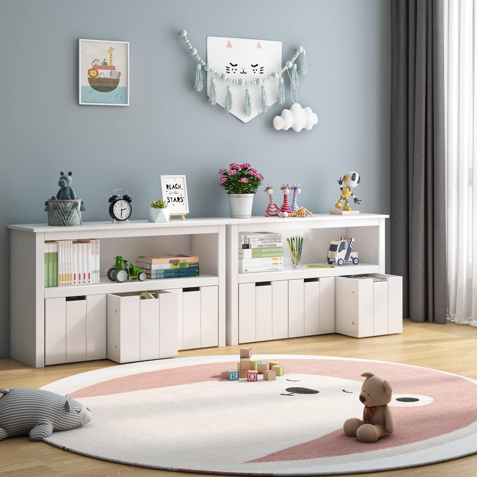 FOREHILL Meuble Rangement Jouet Bibliothèque pour Enfants Étagère Armoire de Rangement avec 3 Tiroirs Roulants Blanc 102x33x61.5cm