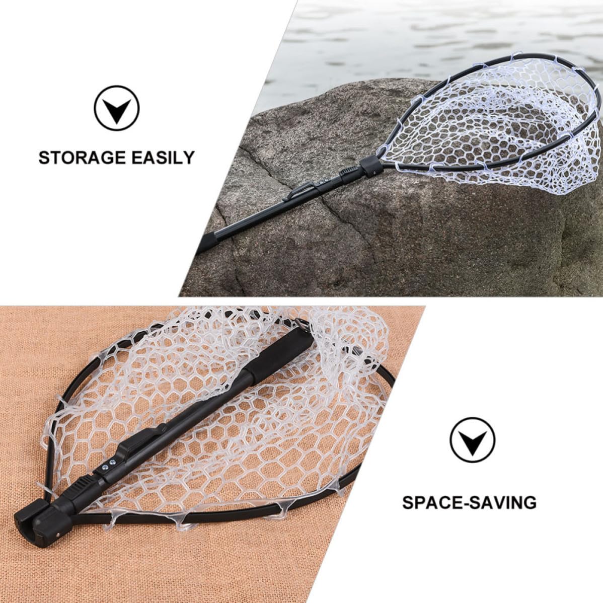 Red de Pesca Plegable de Aterrizaje Mango Telescópico Negro | Aleación de Aluminio, Malla de Goma y Eva, para Pesca en Río y Barco, Formato Clásico