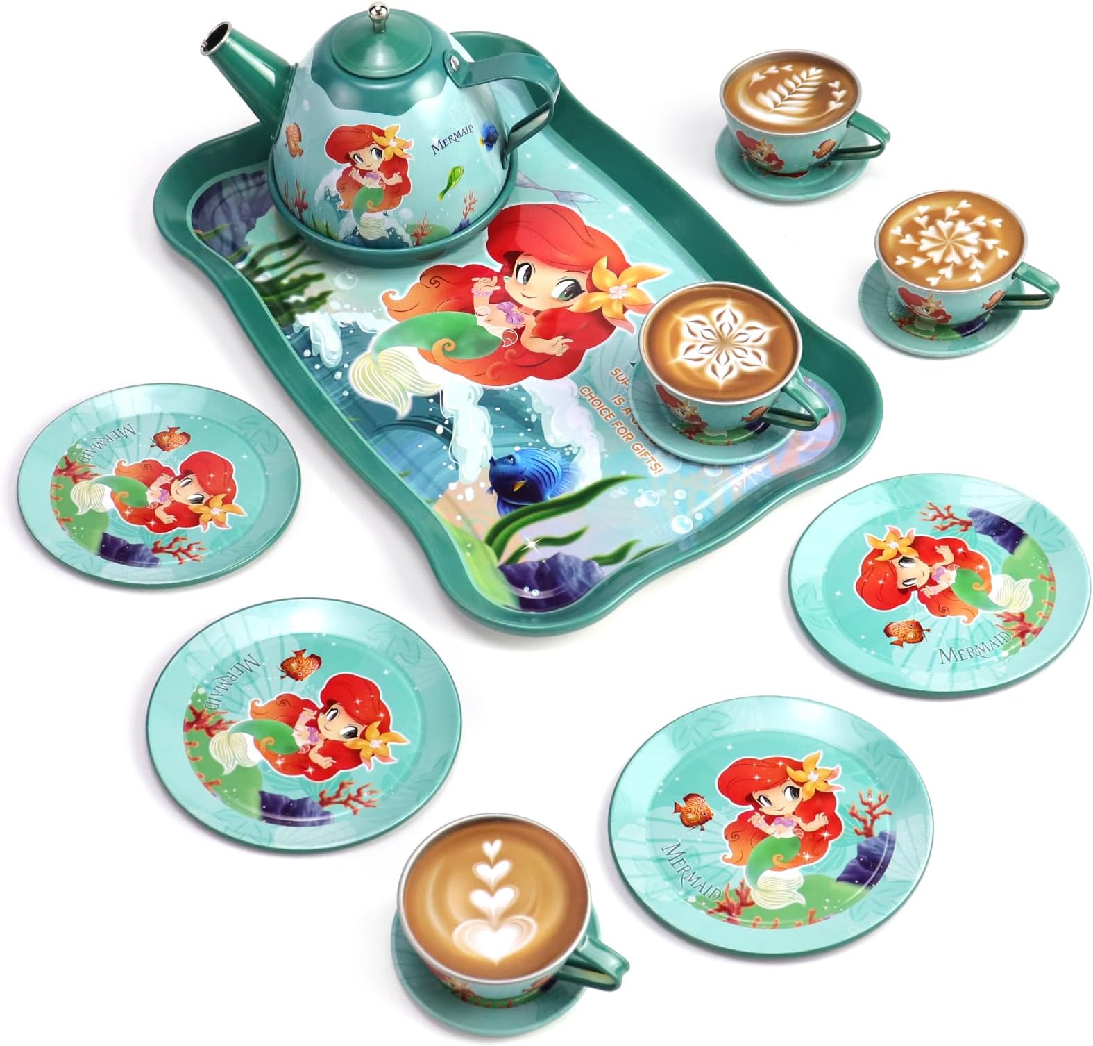 Motiloo 18Pcs Mermaid Tea Party Set for Little Girls, Pretend Tin Teapot Set, Princess Tea Time Play Toy Kids Toddlers Age 3-6 for Birthday Gifts