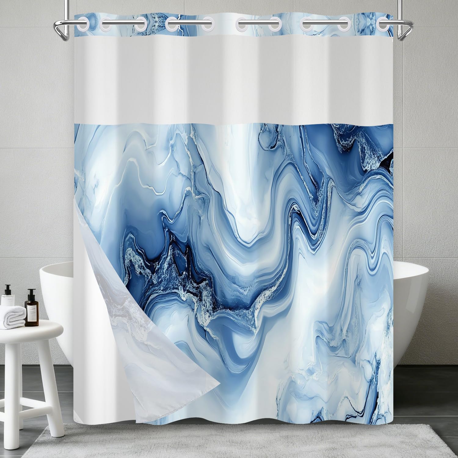 Navy Blue Marble Shower Curtain with Snap in Liner, Waterproof Fabric No Hook Shower Curtain with Top Mesh Window, Abstract Ombre Blue Modern Hotel Style for Bathroom Decor, Weighted Hem, 71x74 Inch