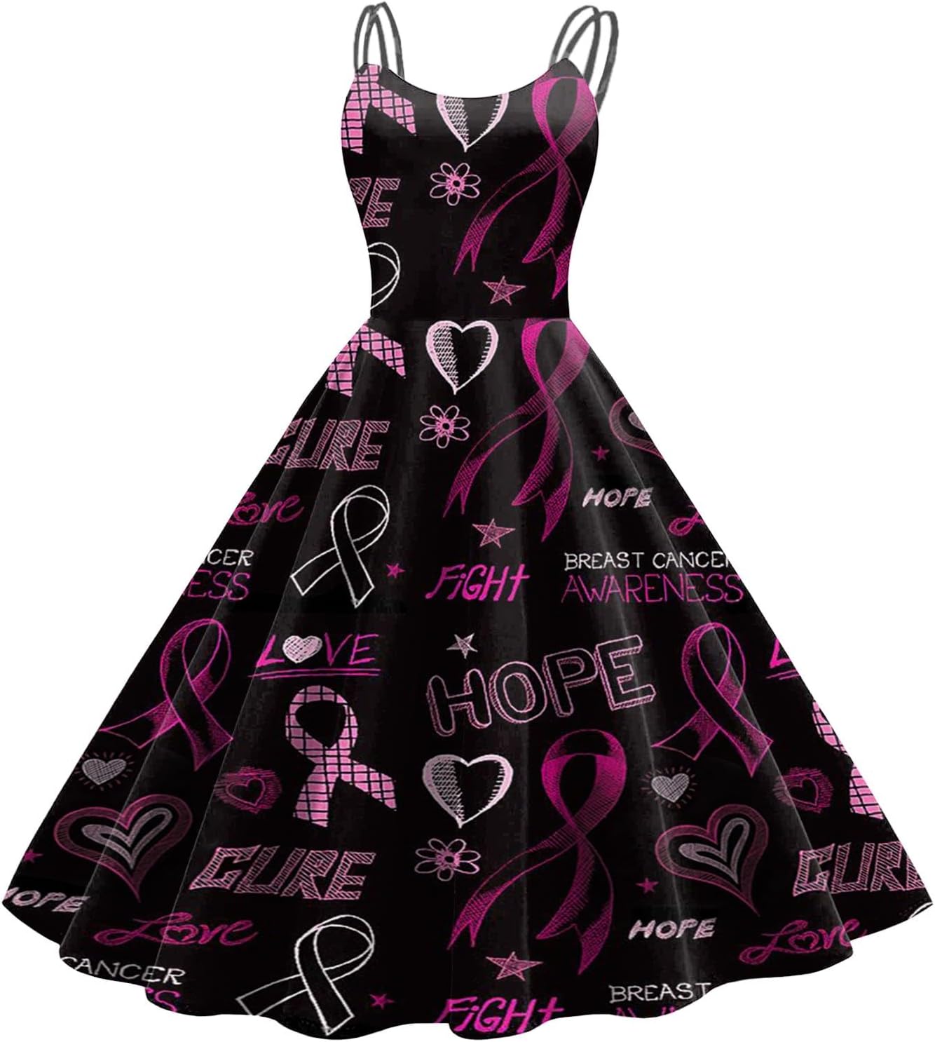Breast Cancer Awareness Dresses for Women Summer Short Sleeve Midi Dresses Pink Ribbon Print 1950s Vintage Dresses Gifts