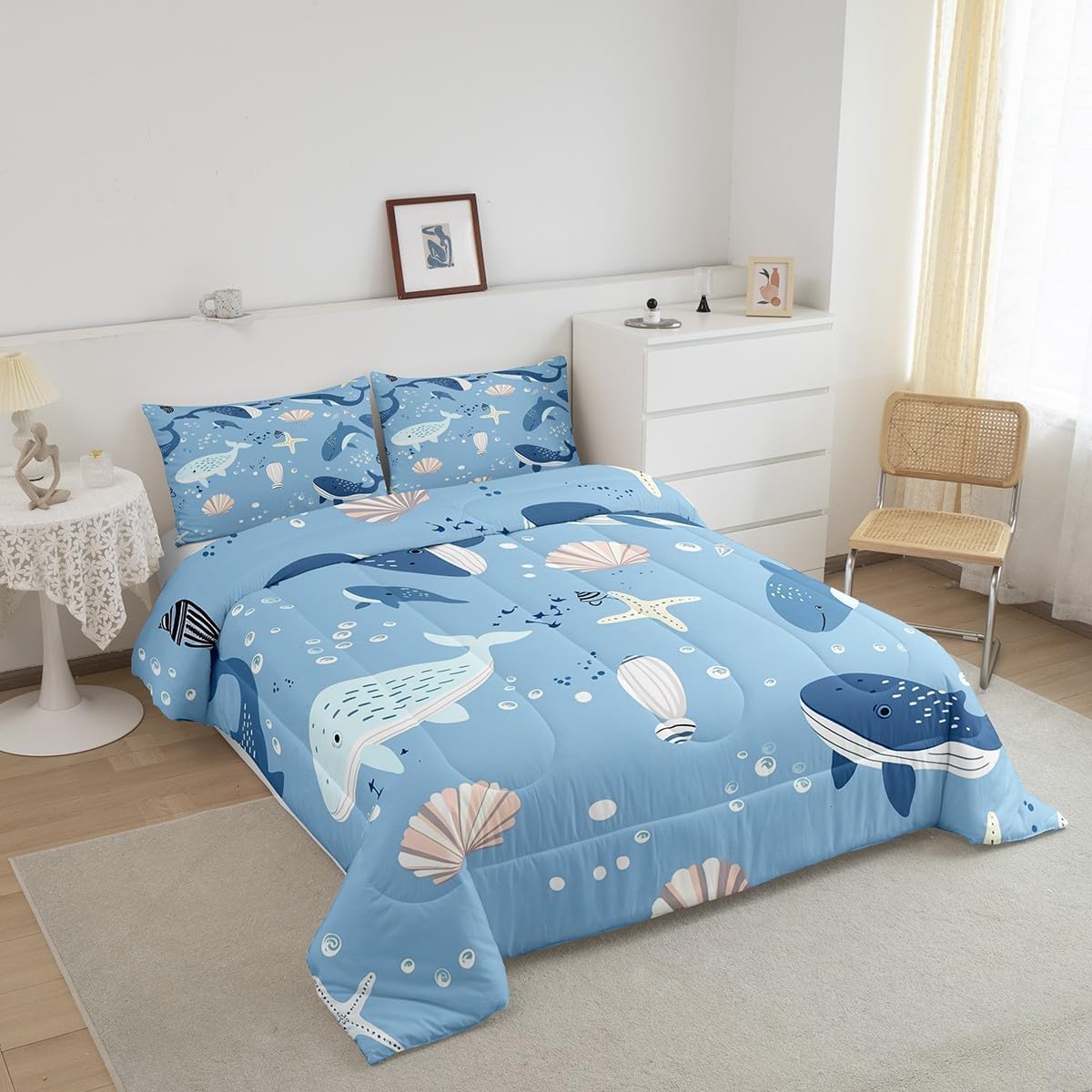 Edredon Nordico Cama 120 Impresión De Peces Ballenas Agua Y Hierba, Relleno Nordico Niños 200x220 cm con 2 Fundas de Almohada 50x75 cm, Ligero, Suave, Transpirable para 4 Estaciones Edredones