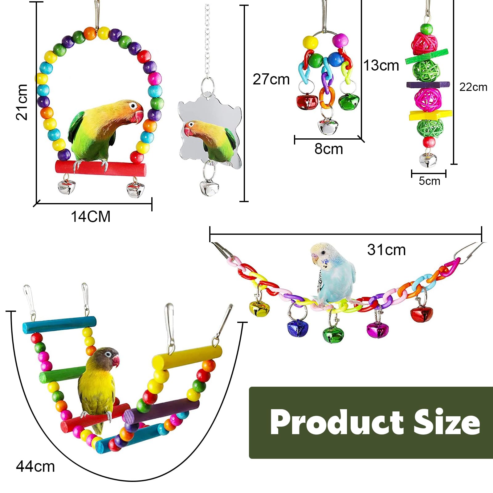Set 7 Pezzi Giochi per Pappagalli con Campanelle e Altalene - Giocattolo Colorato da Masticare per Cockatiels e Uccelli Adorabili