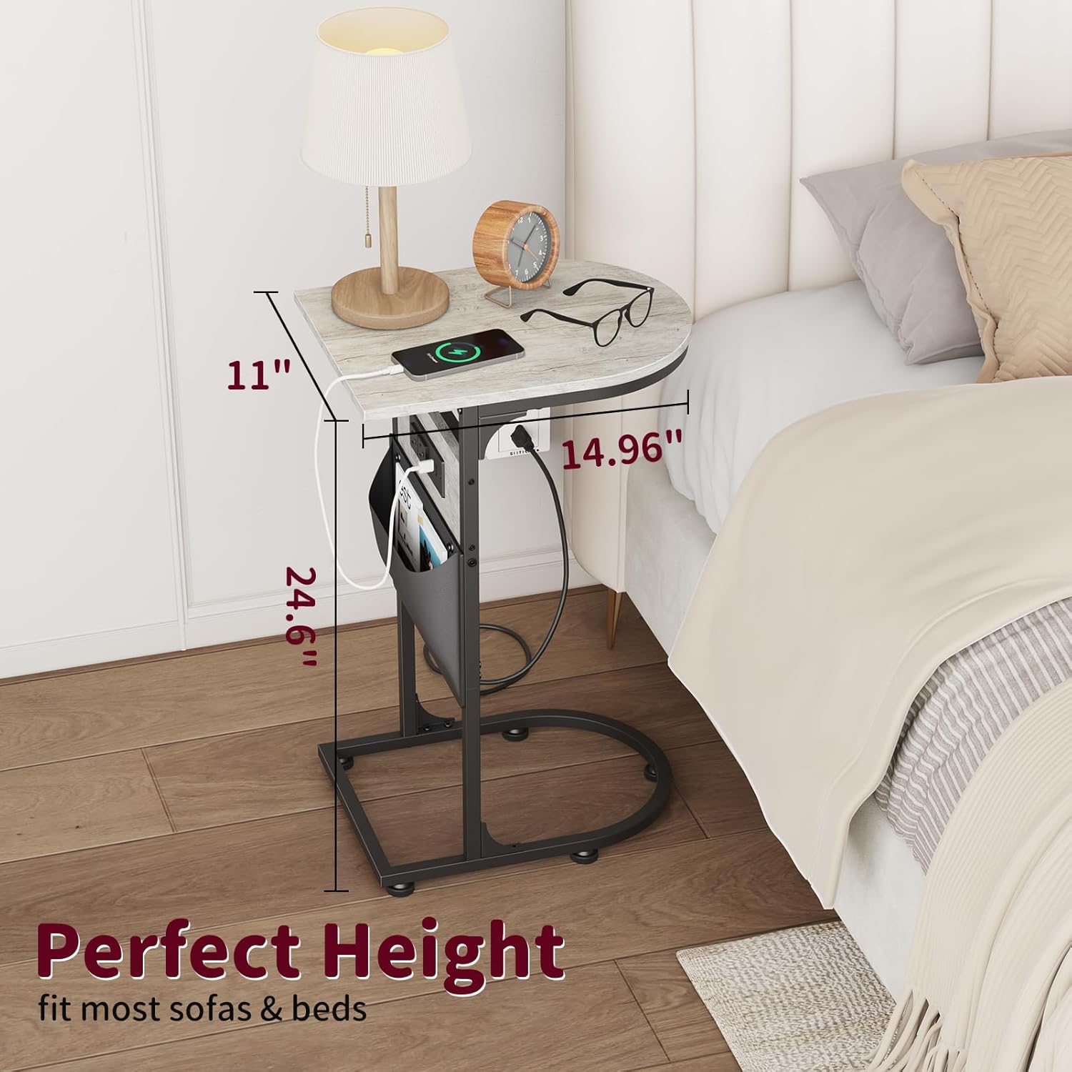 C Shaped End Table with Charging Station, Small Side Table for Couch, C Table for Sofa with Outlet Storage Bag, TV Tray Tables for Recliner Living Room Bedside Bedroom Small Spaces Greige