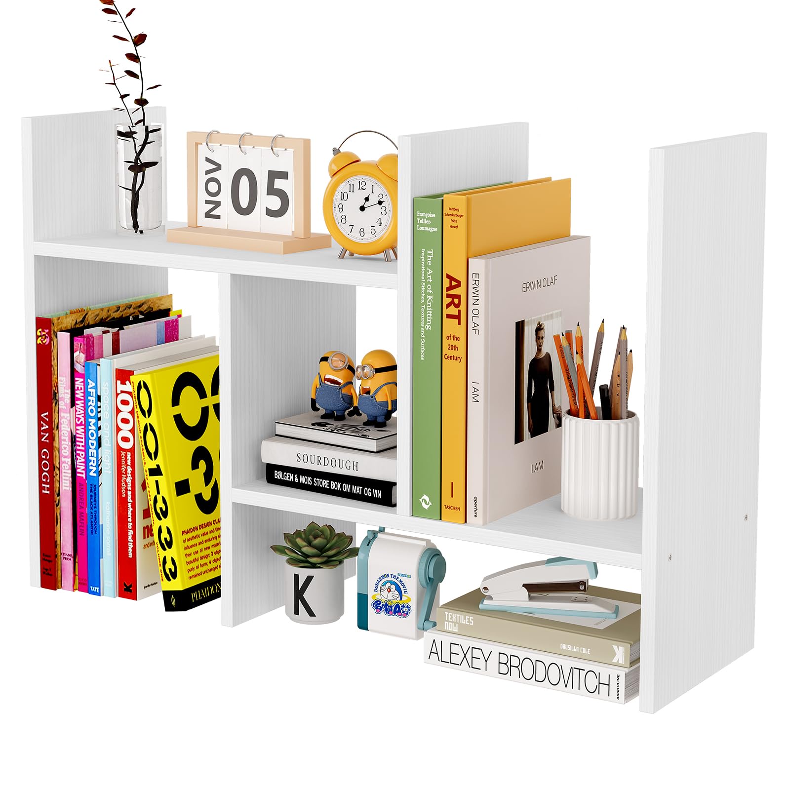 EasyPAG Wood Desktop Bookshelf Adjustable Desk Shelves Freestanding Home and Office Supplies Storage Display Shelf Desk Tidy Organiser,White