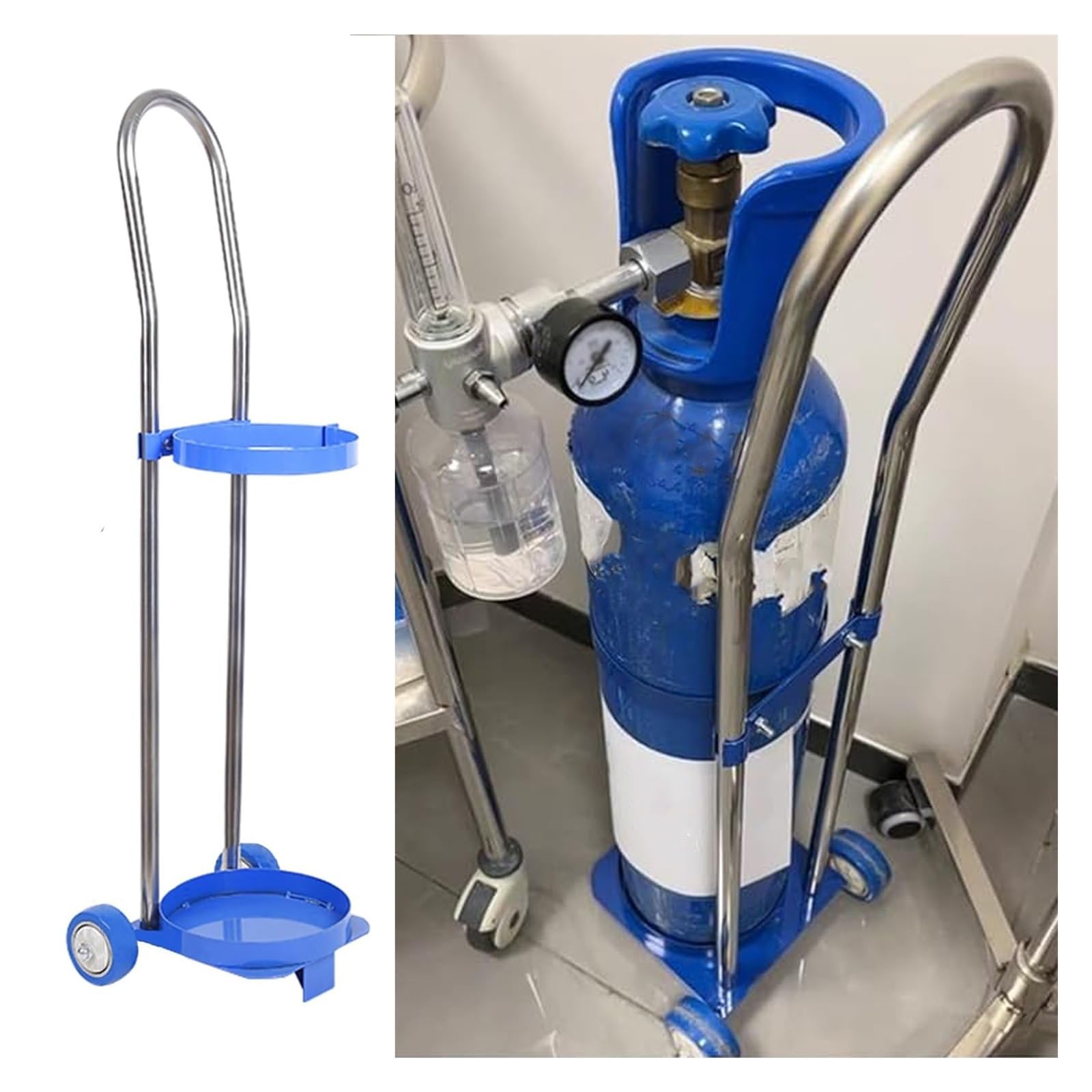 Carrello per bombole domestiche da 10, 15 e 20 litri, supporto mobile per bombole in acciaio inox con 2 ruote girevoli, carrello portatile per bombole per sala operatoria/fabbrica (37,4 pollici (15