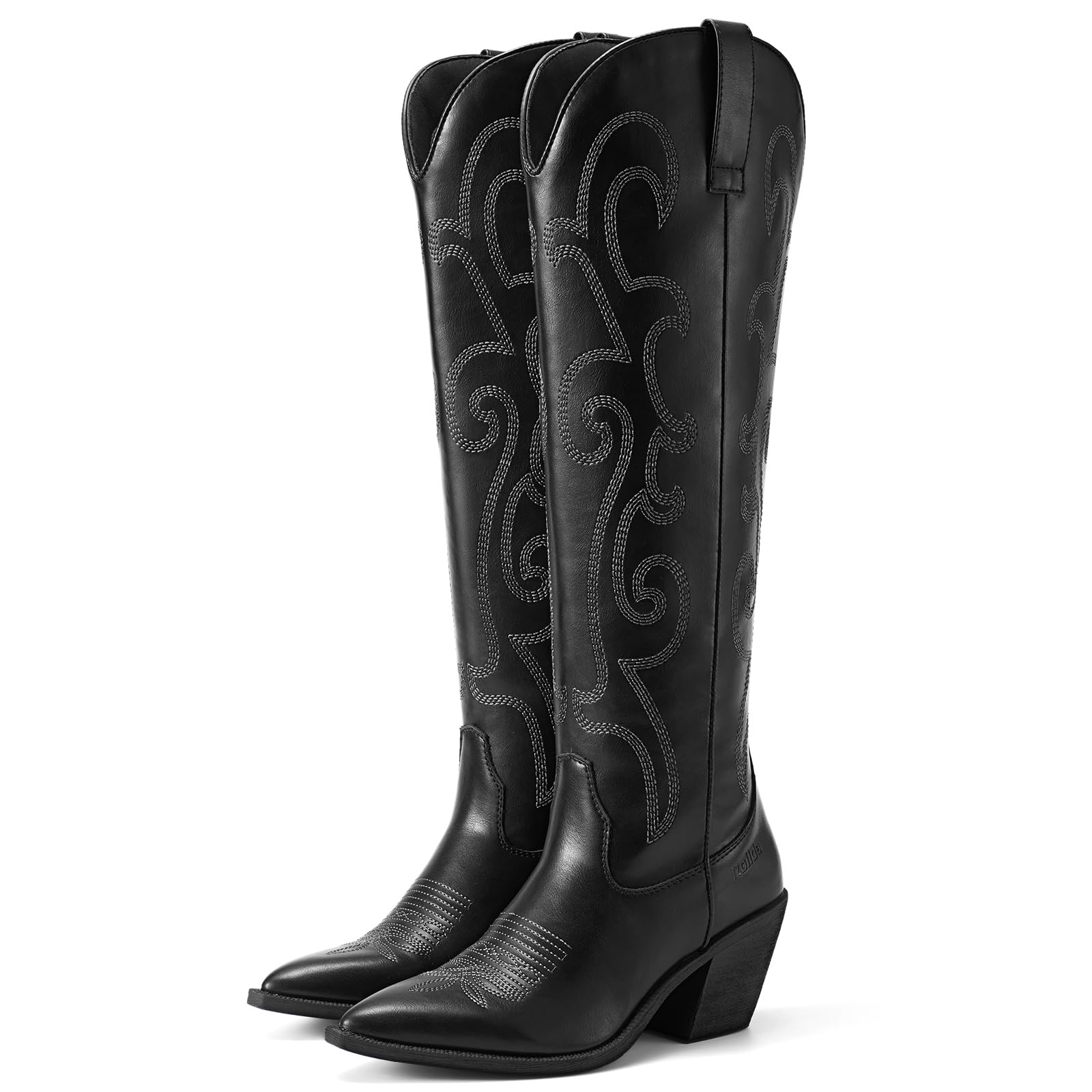 Rollda Cowboy Boots for Women Cowgirl Boots Embroidered Knee-High Western Boots Pointy Toe with Chunky Heel