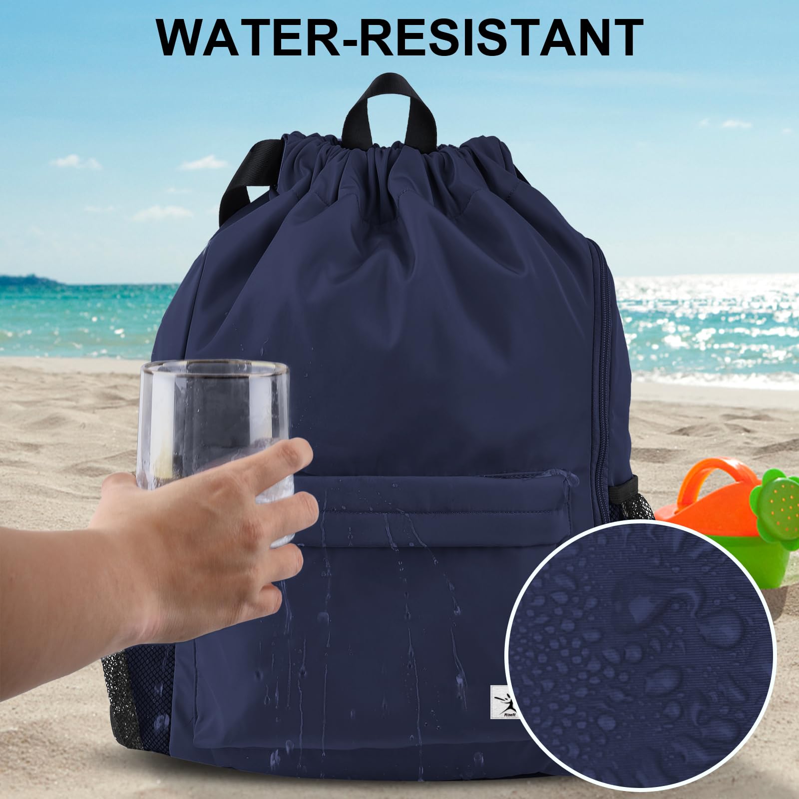 Risefit Drawstring Backpack with Mesh Pockets String Gym Bag Sackpack Sandproof Water Resistant Beach Backpack for Men Women - Image 3