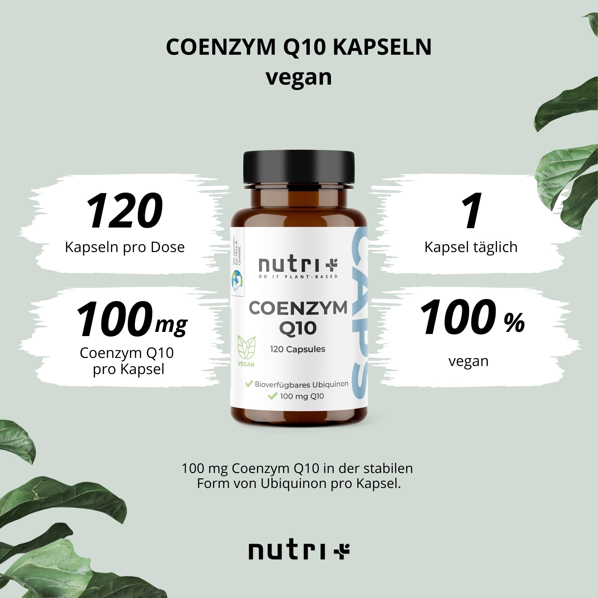 Nutri + Q10 Capsule alto Dosaggio - 120 Pillole 100 mg di Coenzima Q 10 per Capsula - Ubichinone vegano alta Qualità da Fermentazione senza Additivi inutili