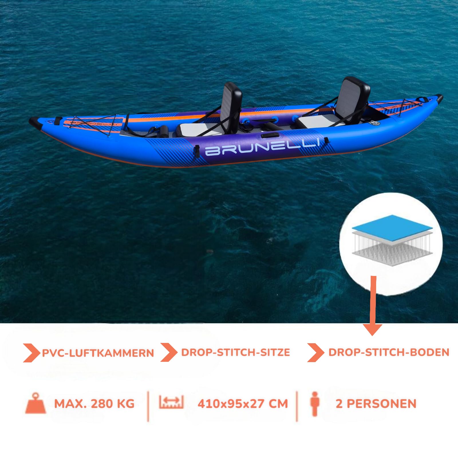 Brunelli 2 Personen Kajak aufblasbar Komplettset Drop-Stitch Kanu Kayak Tour Paddelboot blau