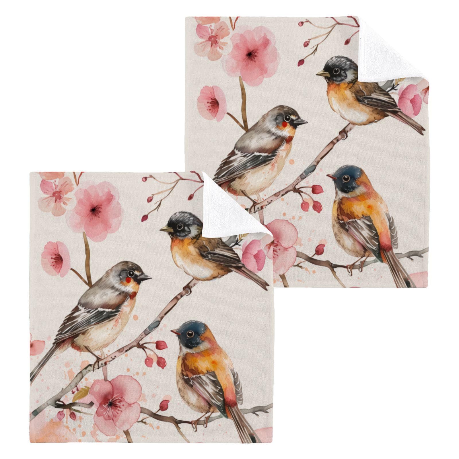 susiyo Birds on Pink Flowers Branch Washcloth Set of 2 Cotton Small Face Towel, 12 x 12 inch