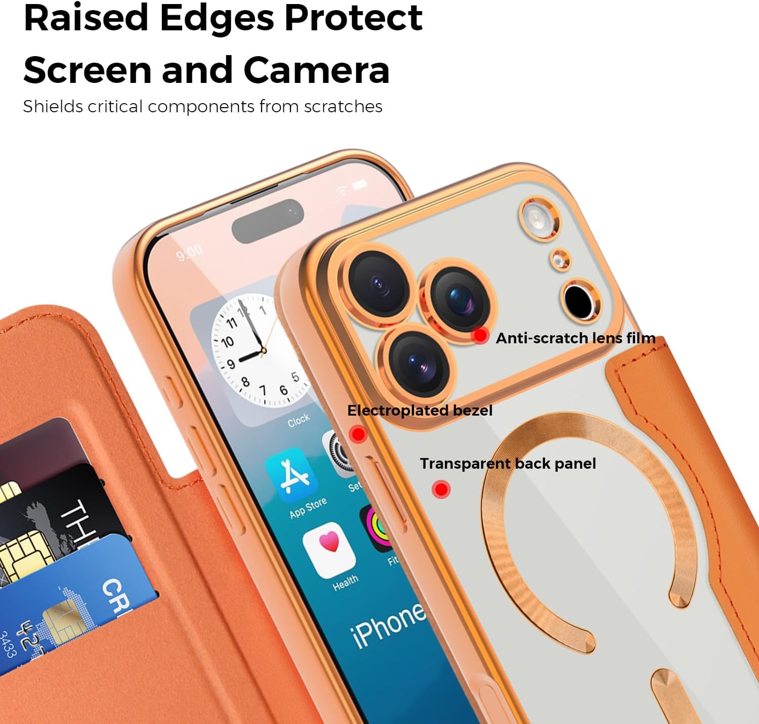 Magnetic Case for iPhone 17 Pro Max Wallet Case with Card Holder [RFID Blocking ][Compatible with MagSafe] Leather Flip Clear TPU Protection Cover for iPhone 17 Pro Max 6.9'' Orange JD - Image 6