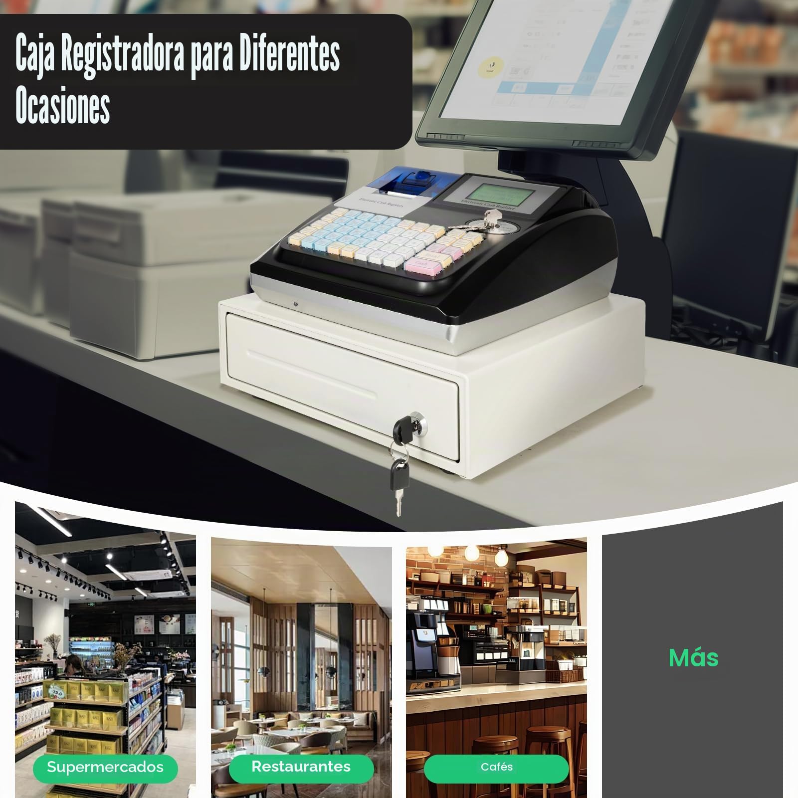 Caja registradora para comercio minorista con 48 teclas LED para gastronomía, versión inglesa