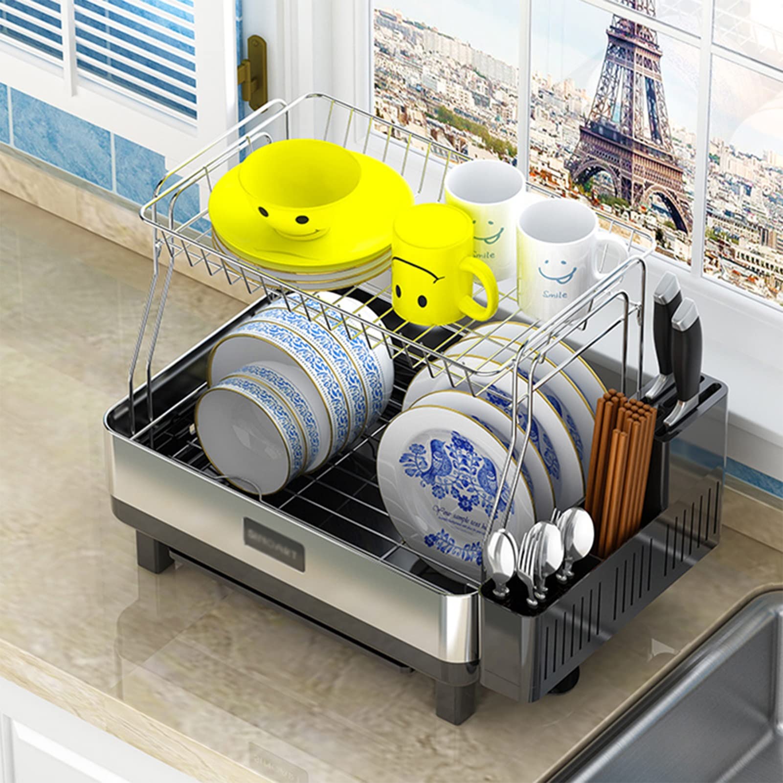 SaryEdge Dish Drainers 2 Tier Dish Rack With Knife Holder And Cutlery Holder,Stainless Steel Dish Drying Rack With Drip Tray,Kitchen Counter Utensil Drainer,