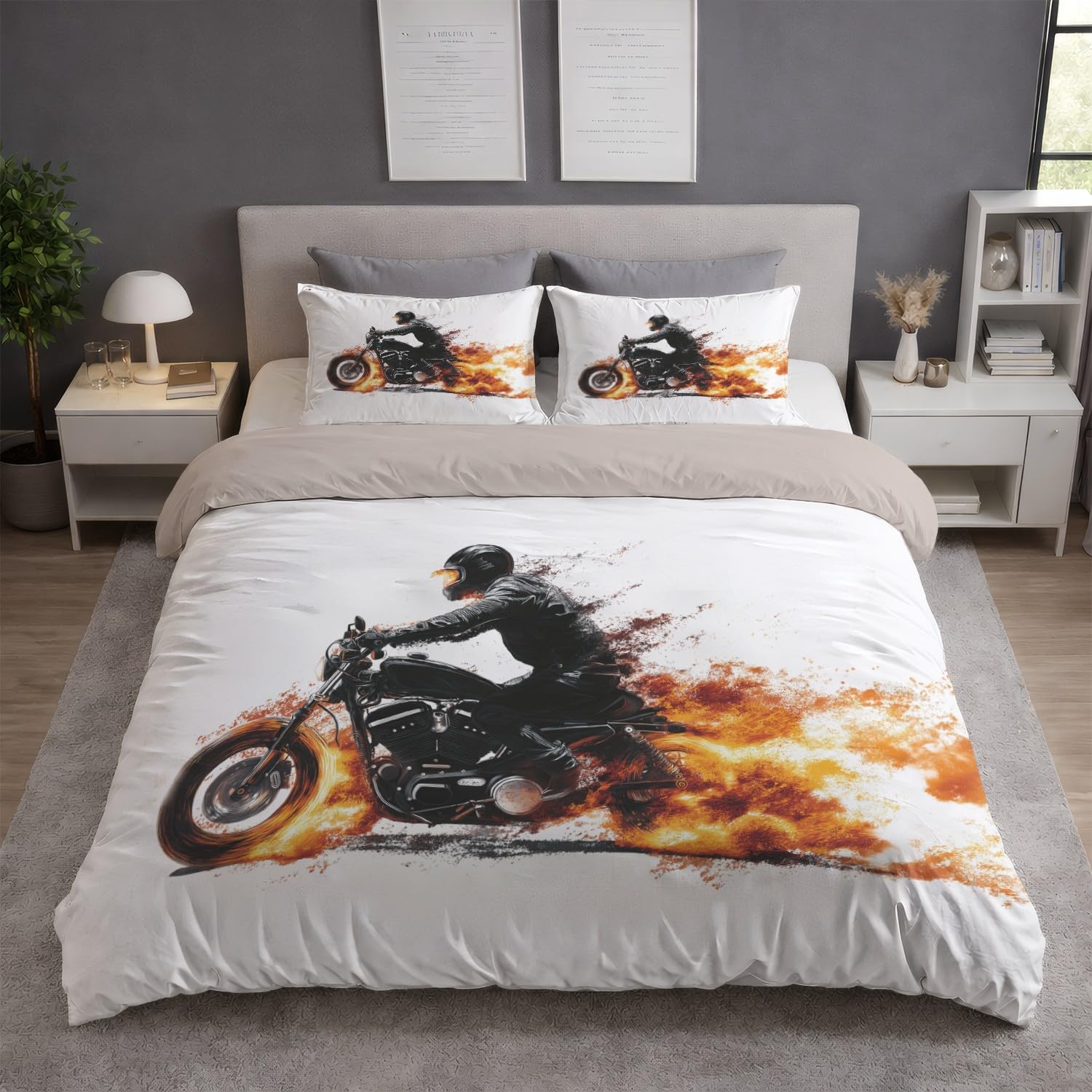 Czarny pomarańczowy nowoczesny wibracyjny motocykl poszwa na kołdrę 200 x 200 cm, kreskówkowy miękki zestaw pościeli z mikrofibry z zamkiem błyskawicznym 3-częściowy z 2 poszewkami na poduszki