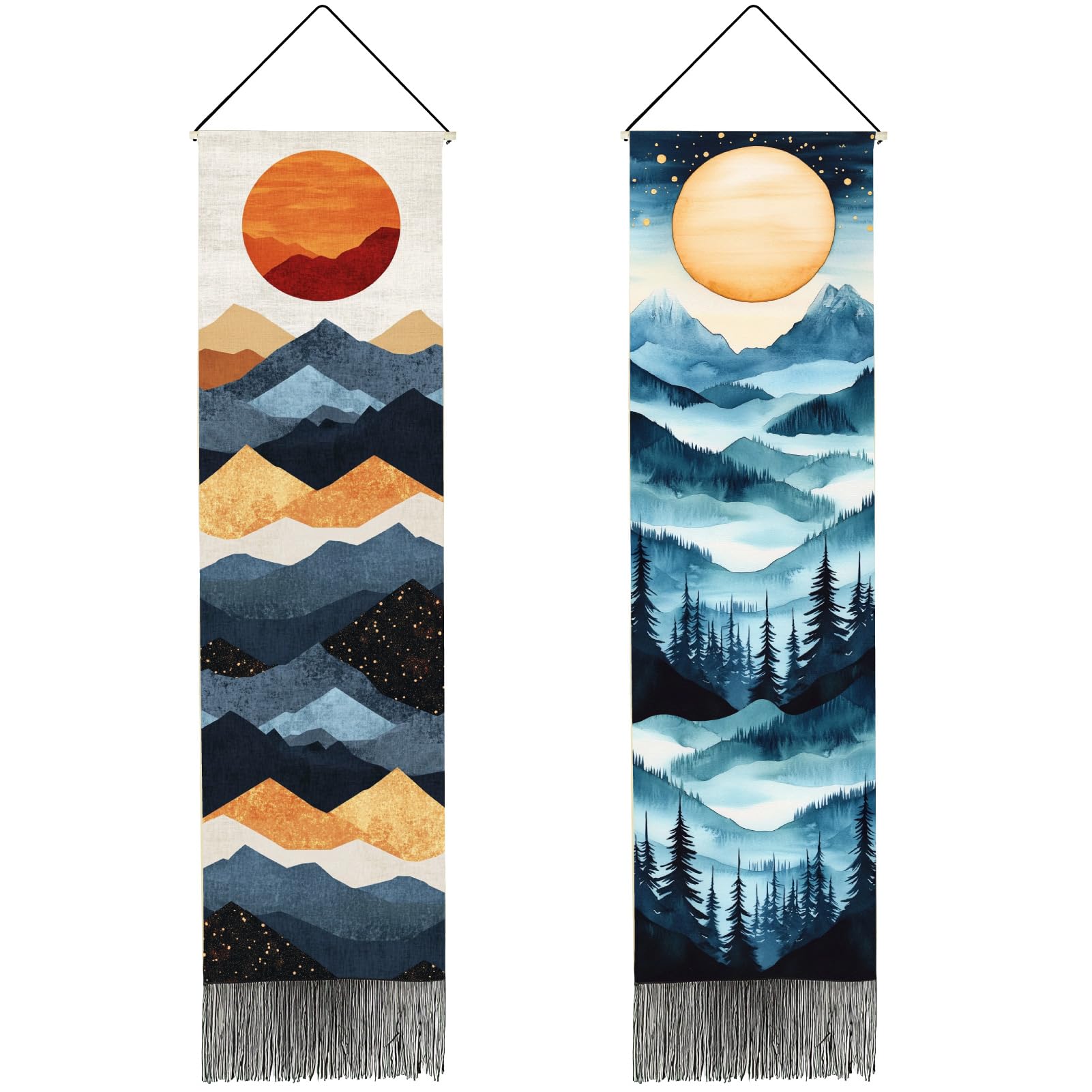 PRESSINART 2 Pcs 2 Styles Boho Long Vertical Tapestry Moon Mountain Tapestry Forest Tree Aesthetic Nature Landscape Art Black Tassels Wall Hanging for Bedroom Living Room Office Studios Decoration