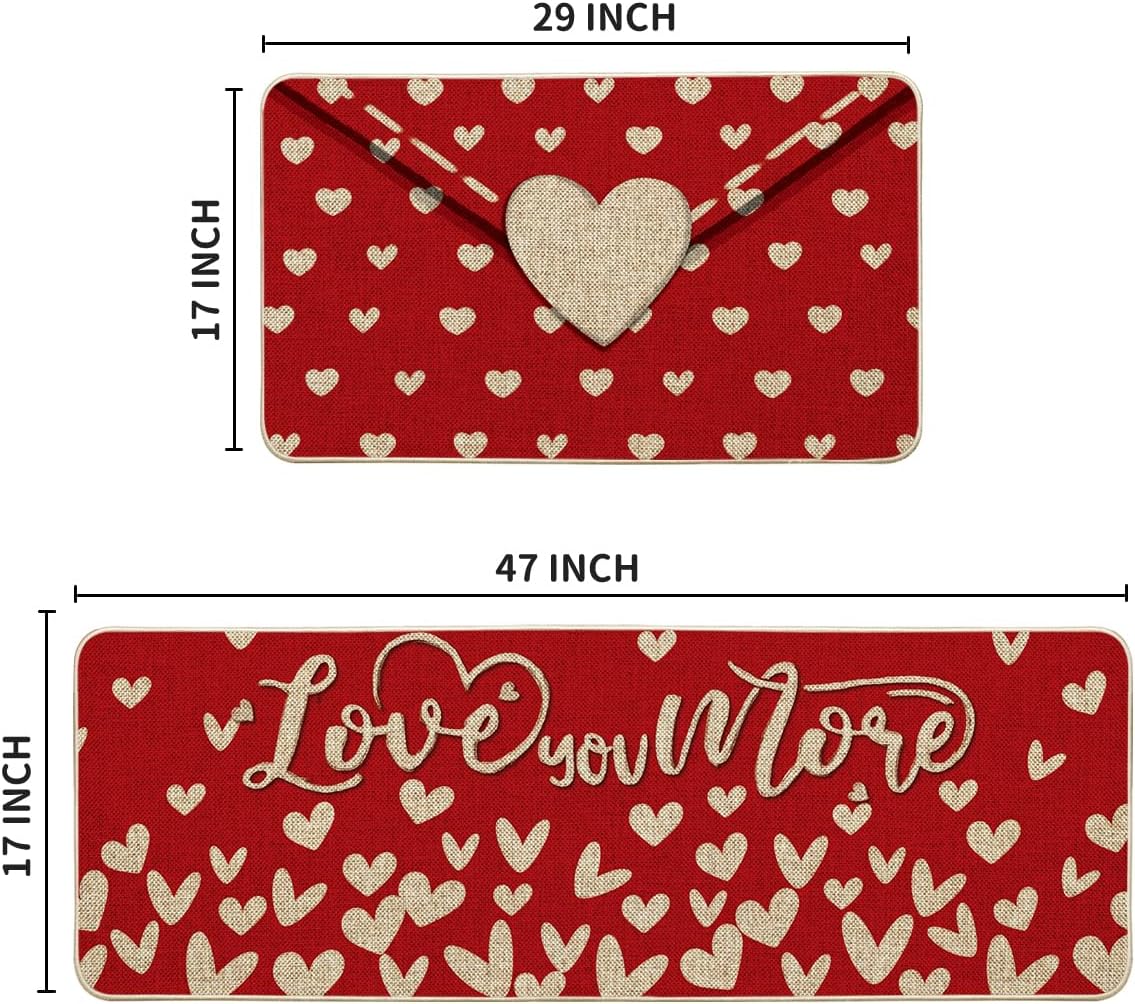 Artoid Mode Envelope Love You More Heart Kitchen Mats Set of 2, Home Decor Low-Profile Kitchen Rugs for Floor - 17x29 and 17x47 Inch