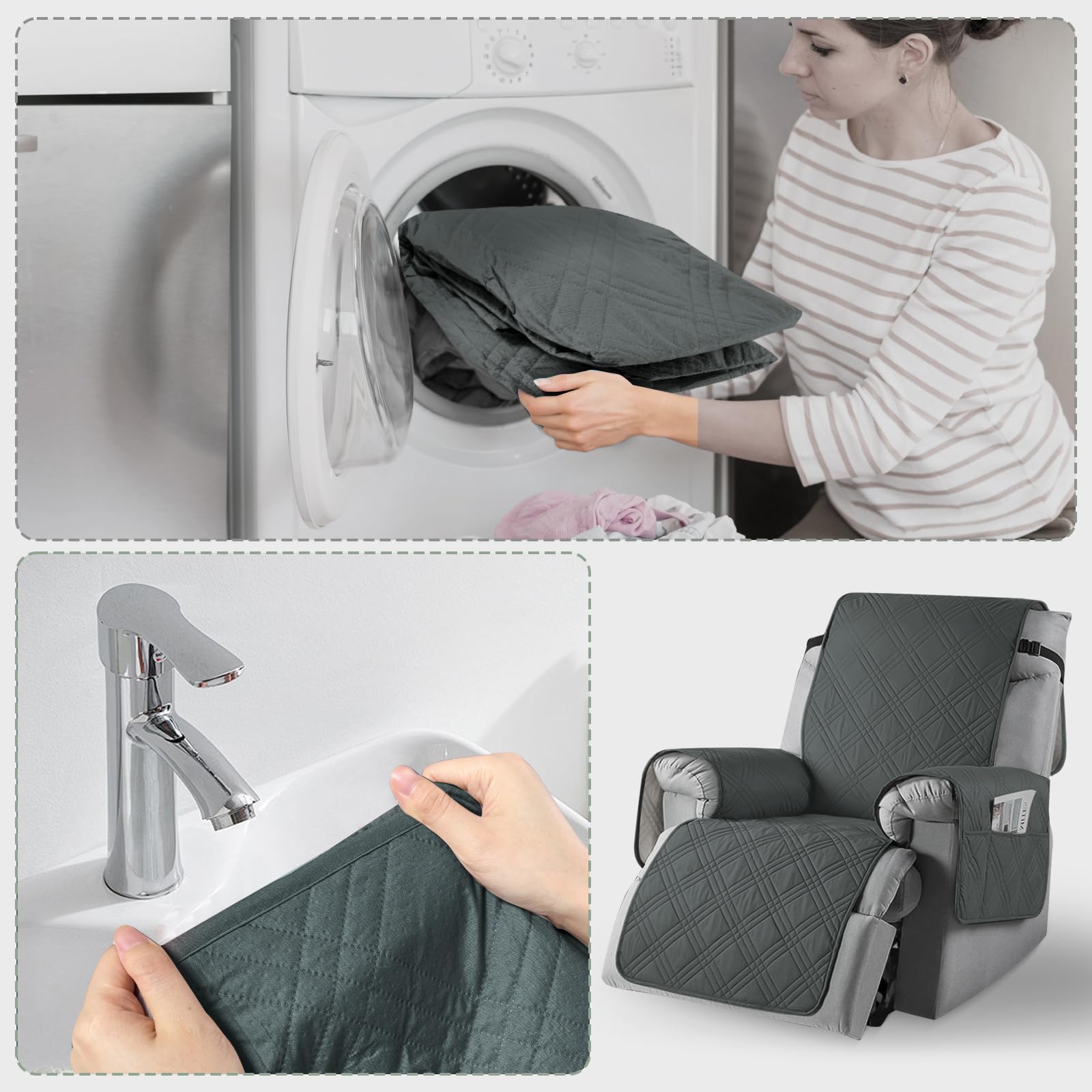 MeYuxg Coprisedia per poltrona relax, coprisedia elasticizzato con braccioli, coprisedia con tasche di stoccaggio, protezione per schienale, morbido e traspirante (grigio scuro)