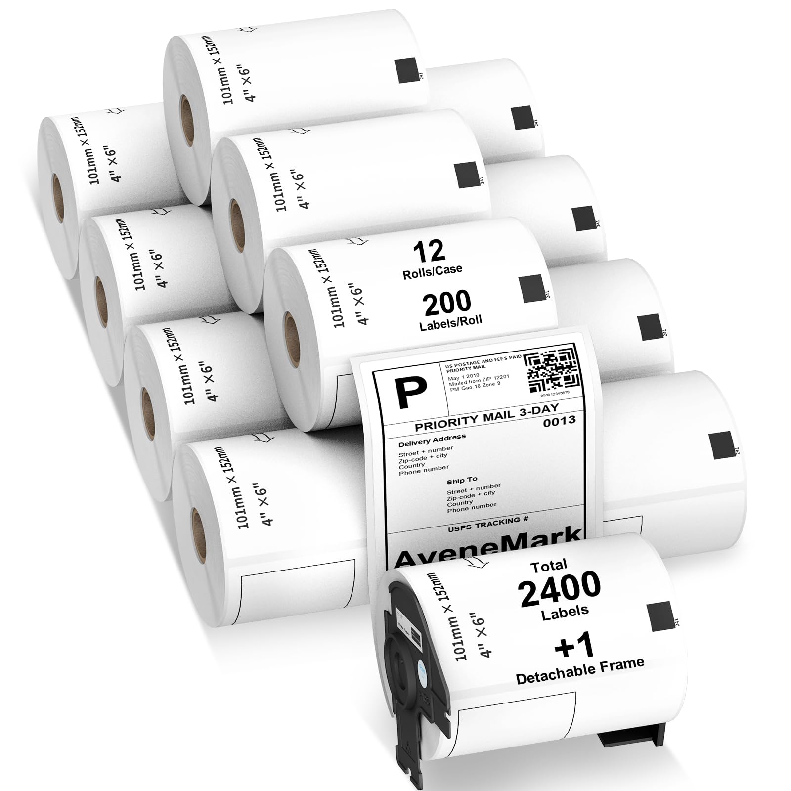 AveneMark - 12 Rolls Compatible with Brother DK-1241 (4" x 6") Replacement Shipping Labels - 200/Roll DK Adress Labels for Brother QL Label Printers - Include 1 Detachable Frame