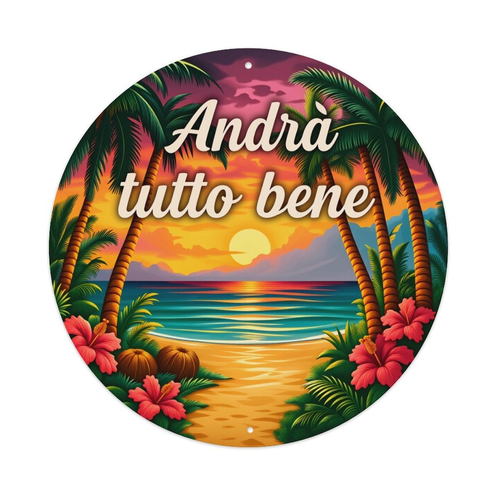 Tropical Sunset Beach Palm Flowers Vintage Metal Tin Sign Retro Wall Decor for Home Bar Garage Cafe, Indoor & Outdoor Decorative，circle Metal Poster, 8x8 Inch