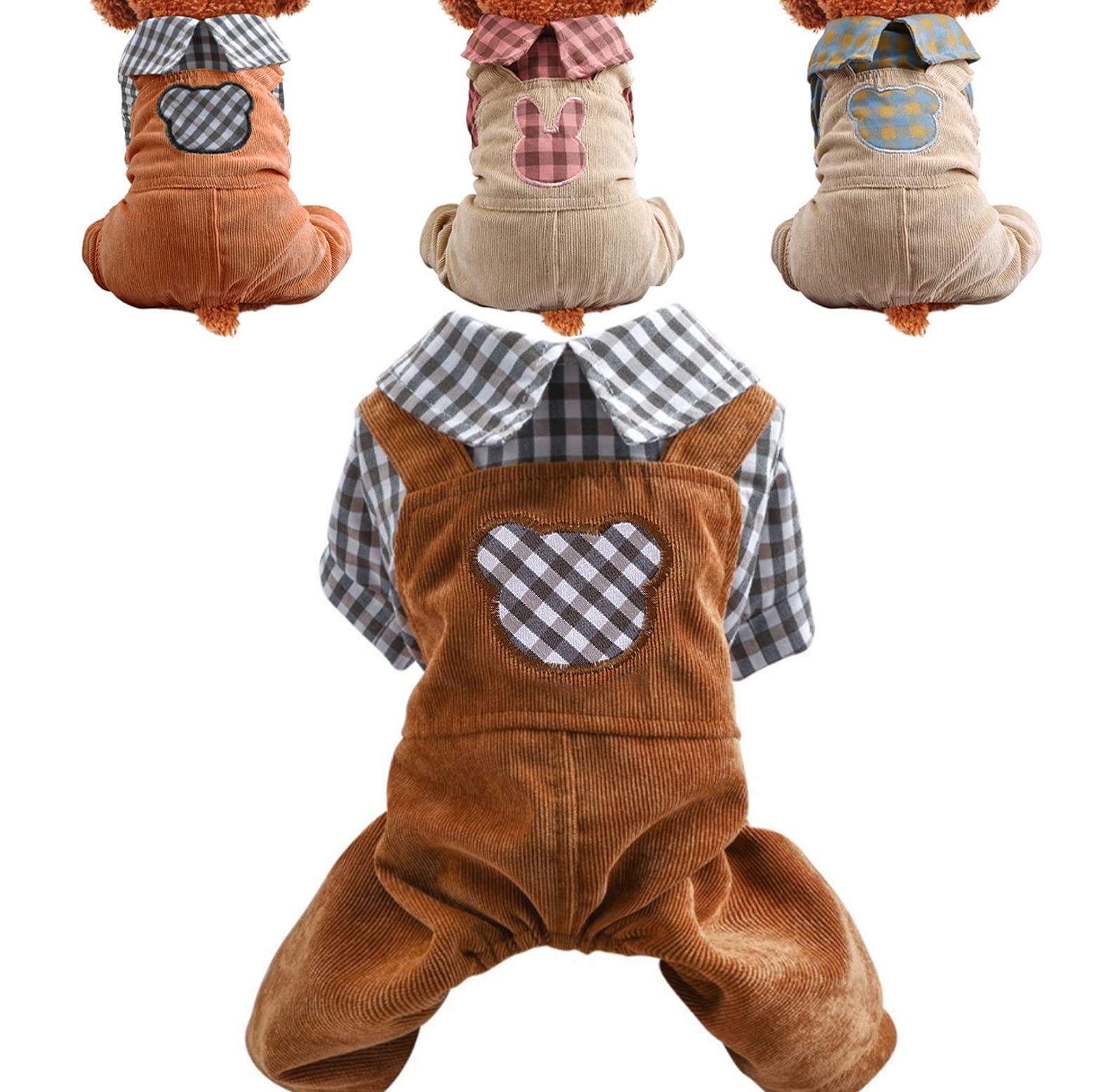 SGQCAR Dog Jumpsuit Plaid Pet Shirts Clothes Happy Dog Overalls Puppy Outfits for Small Medium Dogs Cats Brown Bear XL