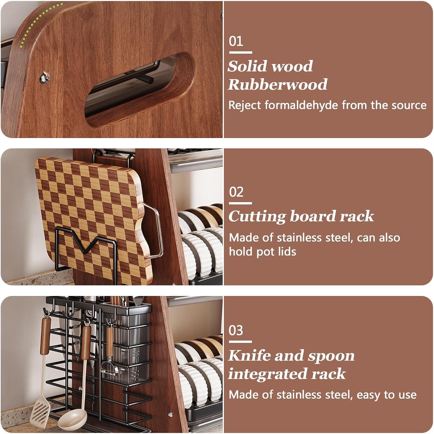 Modernes 2-stöckiges Geschirr-Abtropfgestell aus Holz, Edelstahl Abtropfständer mit abnehmbarem Besteckhalter, platzsparend für Küche(Color:A)