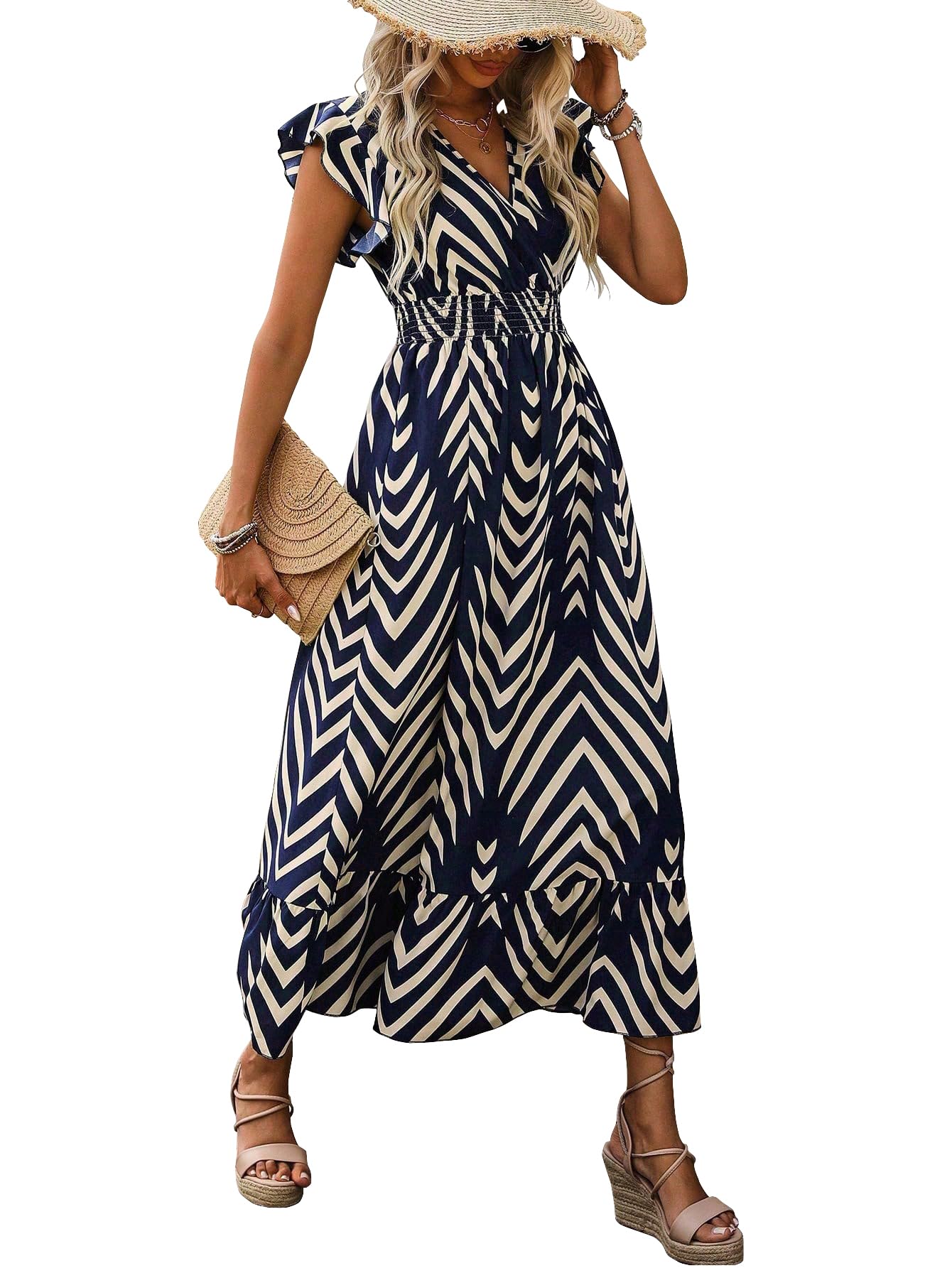 Shasmi Women's & Girl's Navy Blue V-Neck Striped Printed Dress With Ruffled Hem And Belted Waist For Vacation, One Piece Dress For Women's Casual Dress (Dress 140 N Blue-L)