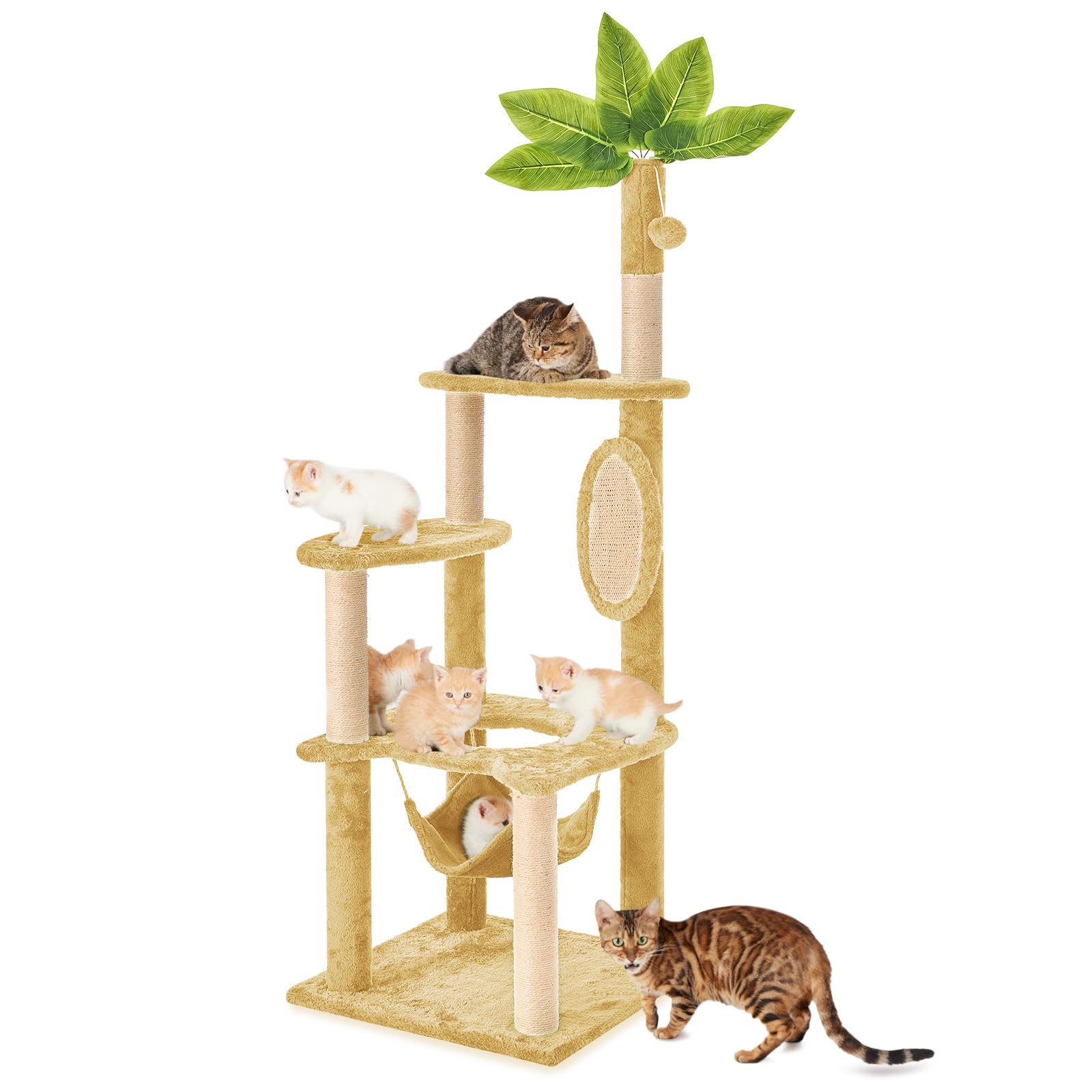 55" Cat Tree for with Green Leaves, Multi-Level Large Cat Tower with Hammock, Plush Cat House with Hang Ball Toy and Sisal Scratching Posts Furniture, Beige