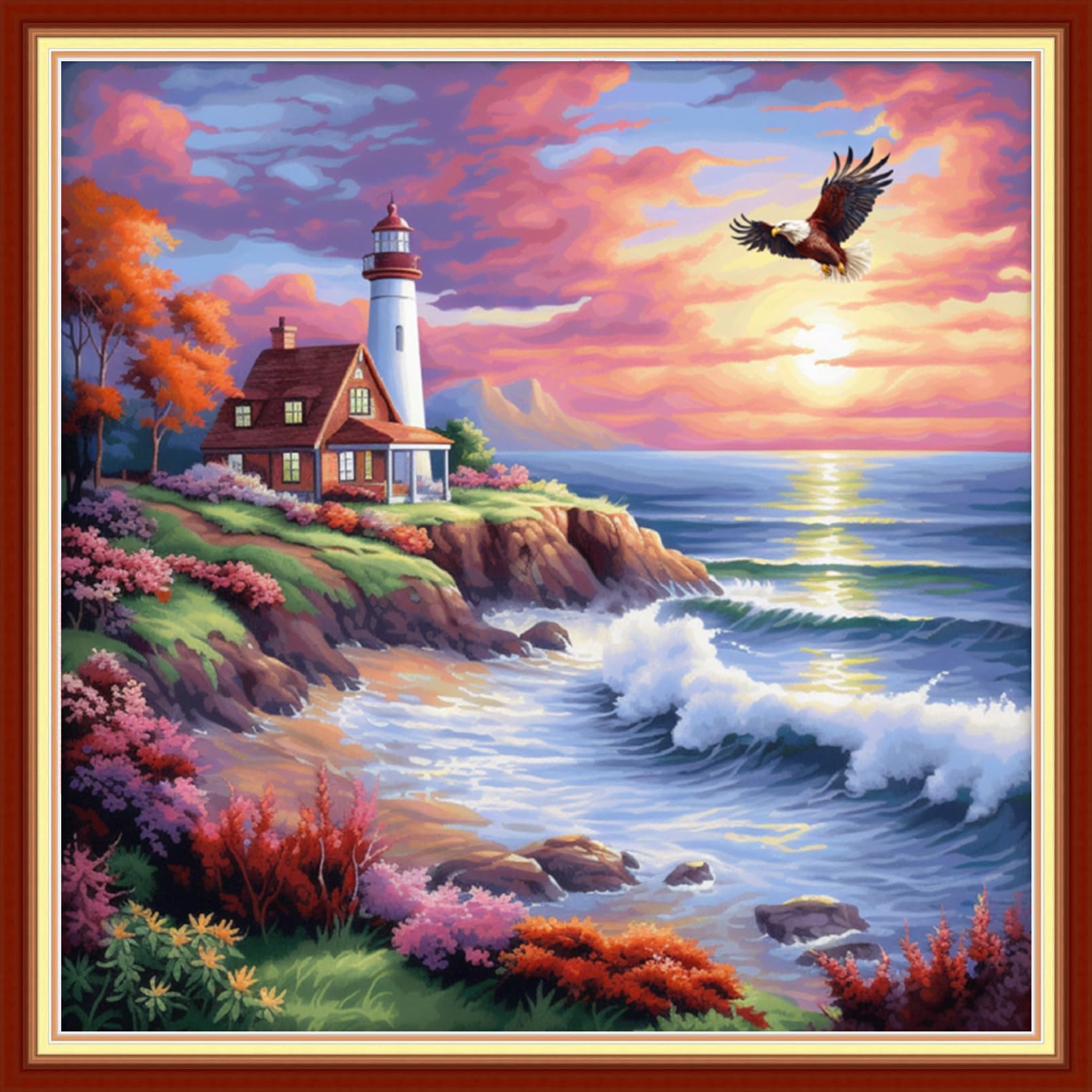 Joyhoor Stamped Cross Stitch Kits for Beginners Needlepoint Kits for Adults Embroidery Kits 11CT Counted Cross Stitch Kits Printed Embroidery Pattern-Seaside Lighthouse 18x18 inchs