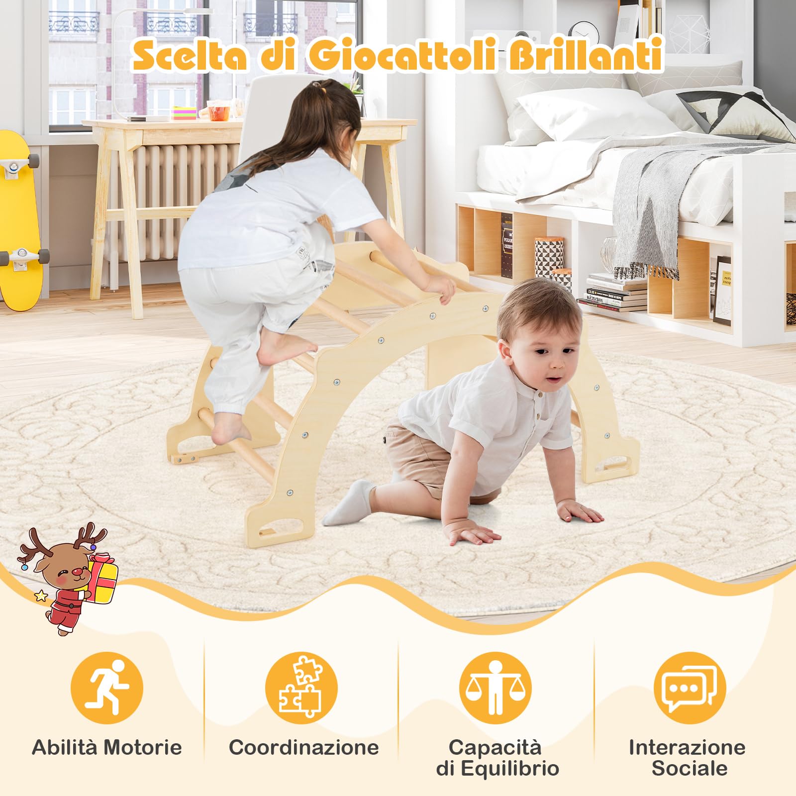 COSTWAY 8 in 1 Arco da Arrampicata per Bambini, Altalena ad Arco in Legno con Contenitore Pieghevole, Palestra Montessori per Bambini 3 Anni + (80 × 47 × 41 cm)