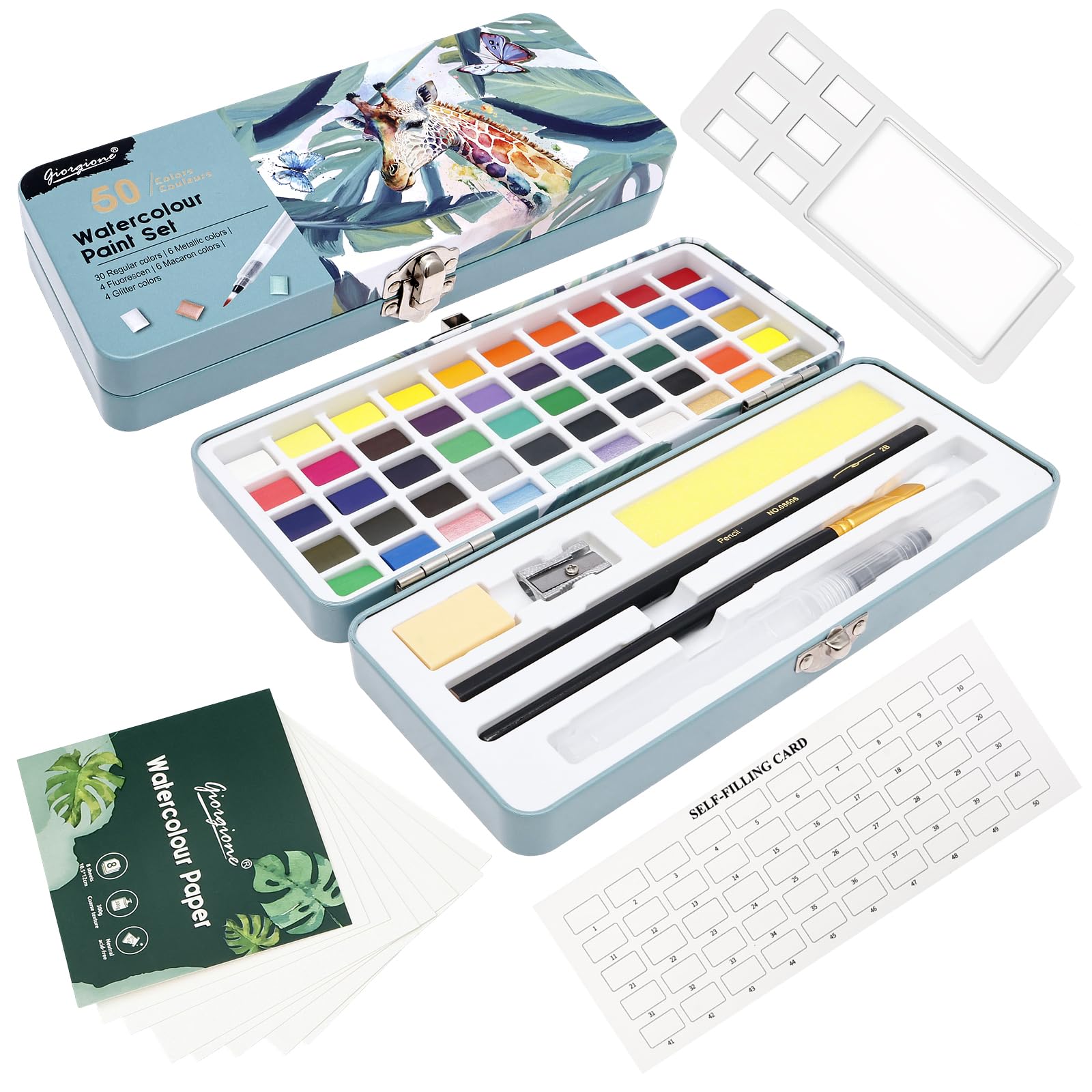 Zhjiutak Watercolor Paint Set 50 Colour,Watercolor Paints for Painting with Palette for Kid Adult Artist Portable Metallic Travel Watercolors Set with Brush Tap Pen for Artists