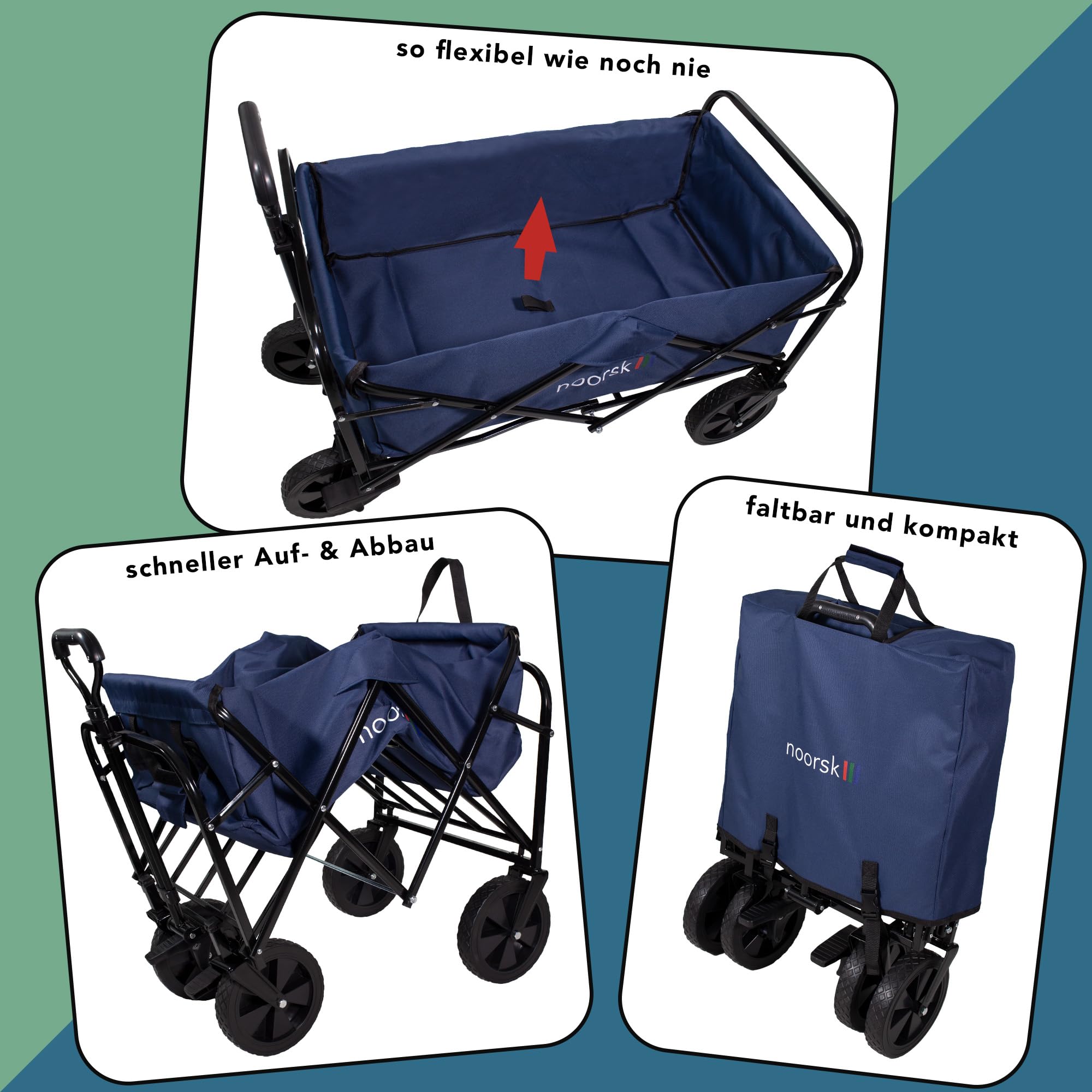 noorsk Faltbarer Bollerwagen - Klappbarer Transportwagen mit Vollgummi-Rädern - Robuster Handwagen für Garten, Ausflüge & Einkäufe - Platzsparend & vielseitig einsetzbar - Blau
