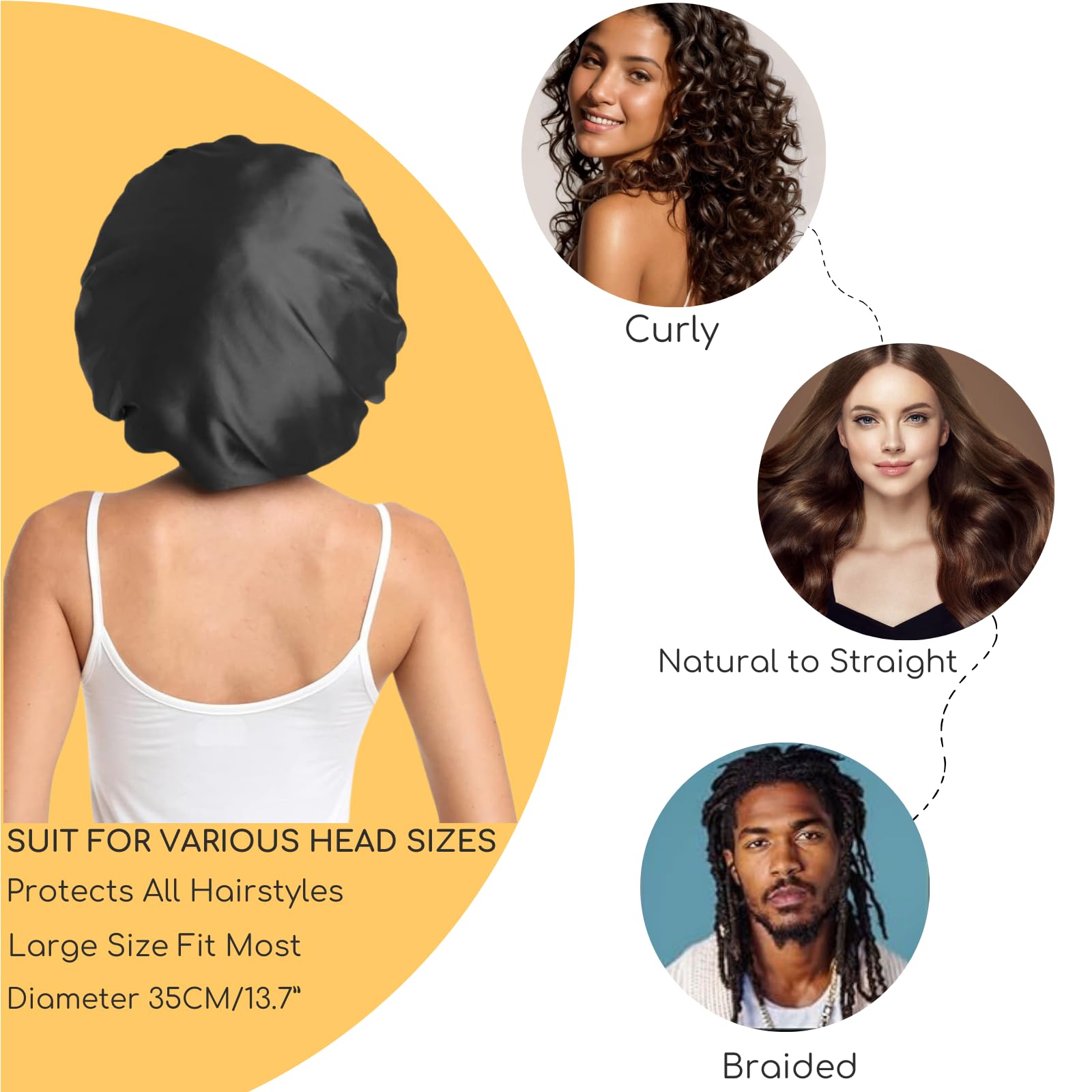 SIXHANS Satin Sleep Bonnet for Women & Men-Black Double Layer Hair Bonnet with Adjustable Strap,Curly Hair Protection - Image 4