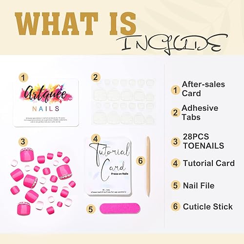 Miniatura 3 de Artquee Juego de 28 uñas cortas a presión en color rosa intenso, uñas postizas cuadradas brillantes, diseño de diamantes de imitación, para playa,