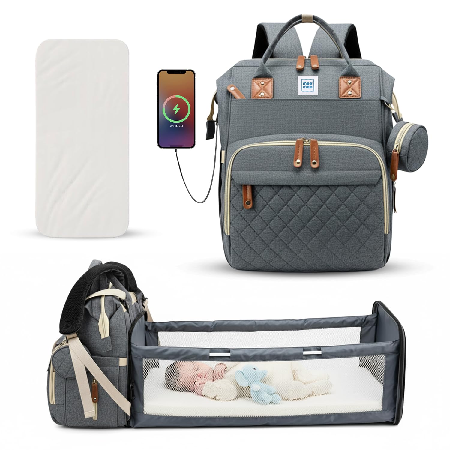 Mee Mee Tiny Treks Baby Diaper Bag Backpack with Foldable Bassinet & Changing Station | Waterproof Maternity Travel Bag for Moms | USB Port, Insulated Bottle Holder & Pacifier Holder