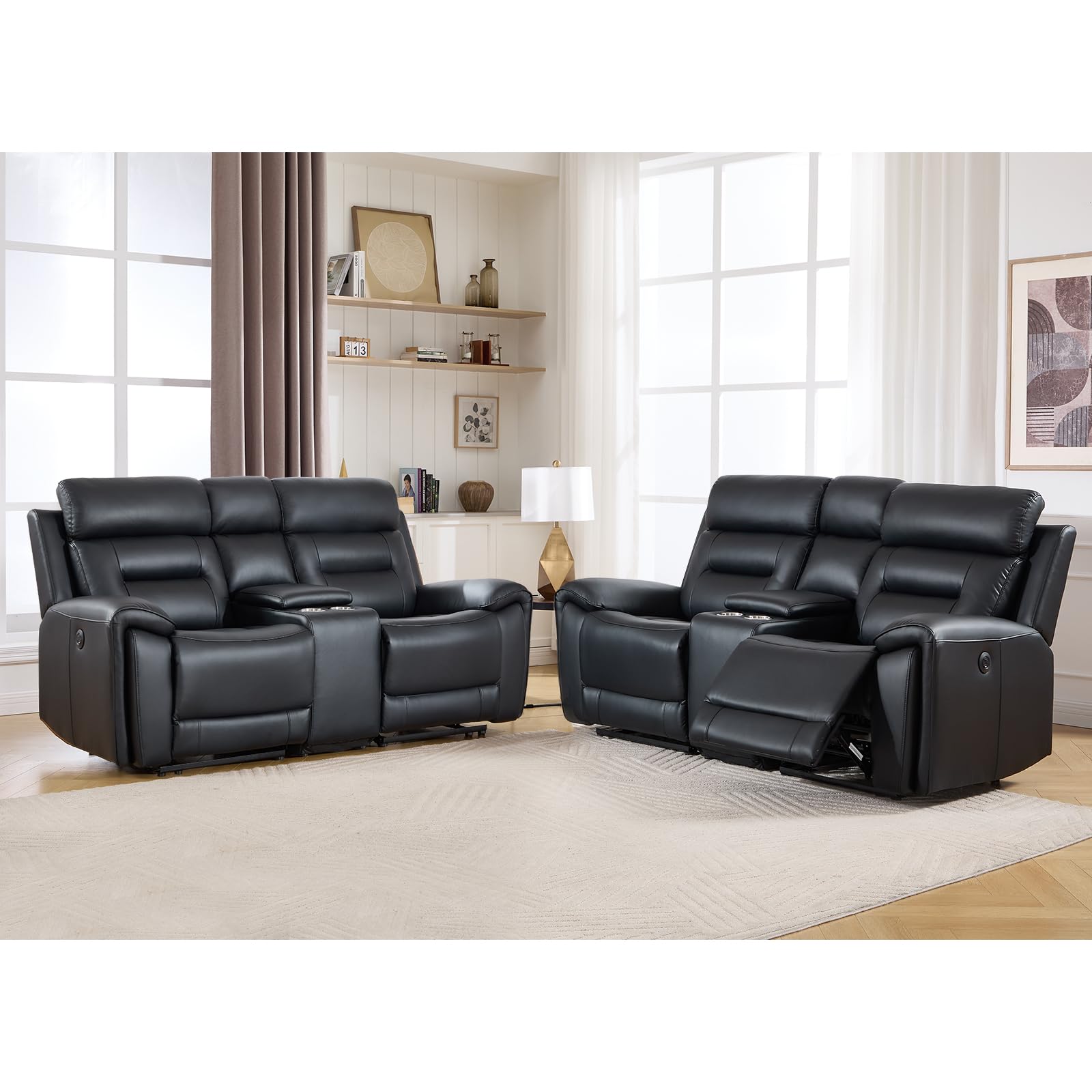 ANJ Oversized Power Reclining Loveseat Sofa Set of 2 with USB&amp;Type-C Charging Port, Breathable Faux Leather 2-Seater Electric Recliner Couch with Cup Holders &amp; Storage Console for Living Room, Black