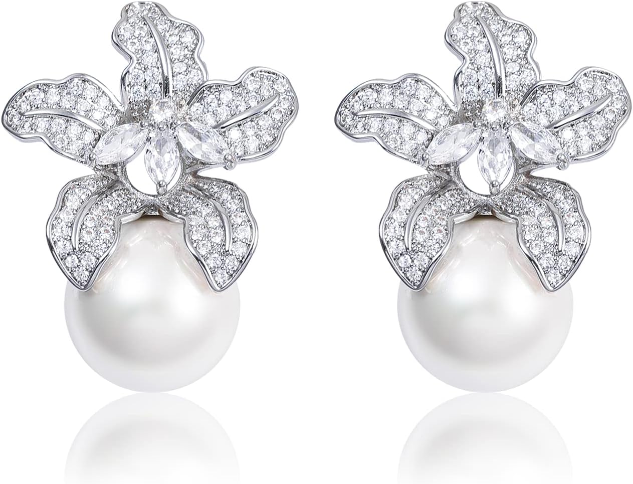 Blooming Flower Drop Cubic Zirconia Big Round Pearl Stud Earrings for Wedding Ceremony Chic Accessories