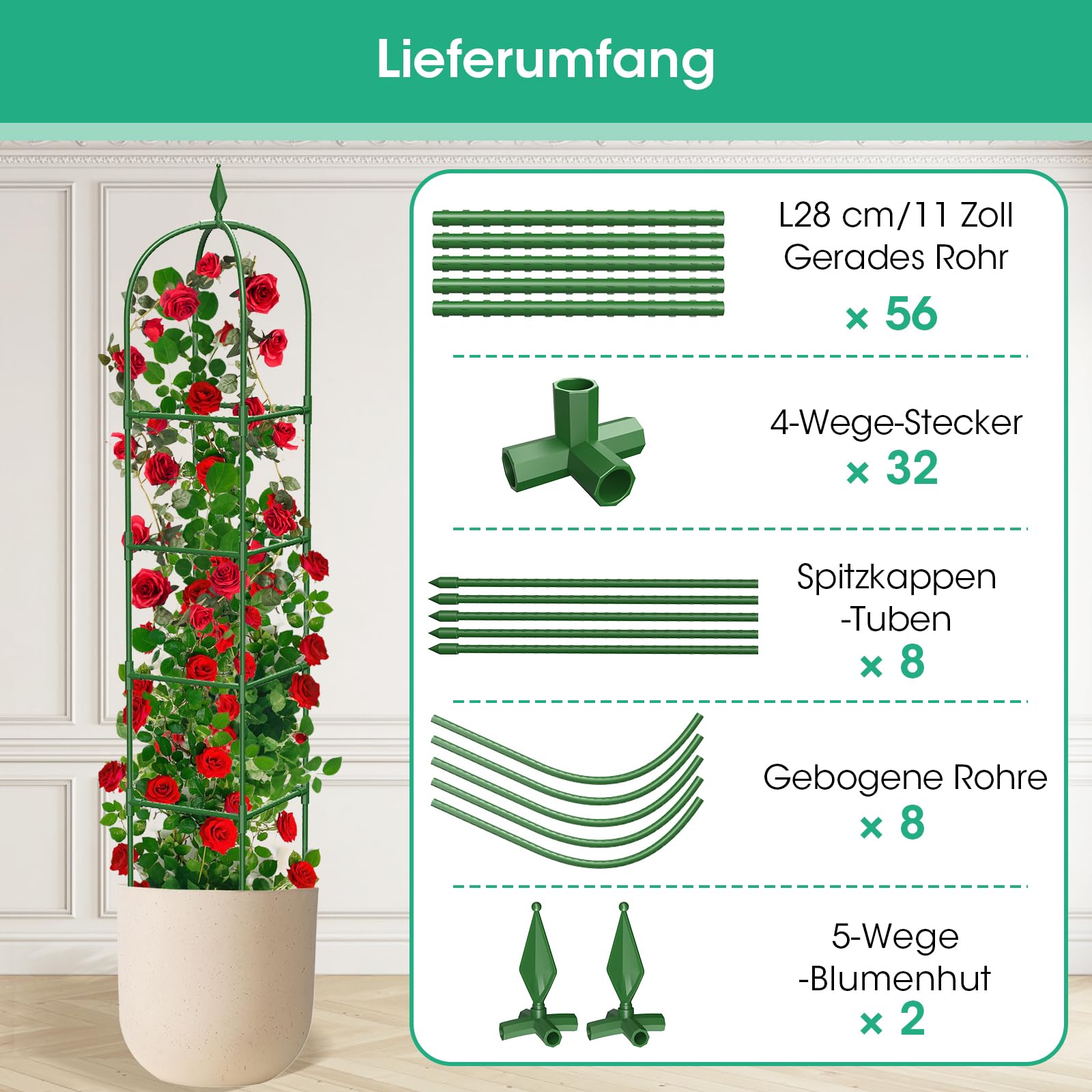 2er Set Garten Obelisk Rankgitter, 180 cm Rankhilfe Zimmerpflanzen, Pflanzturm Rostschutz Pulverbeschichtung, Rankhilfe Obelisk für Rosen Clematis Kletterpflanzen, Innen & Außen, Grün (4 Schichten)