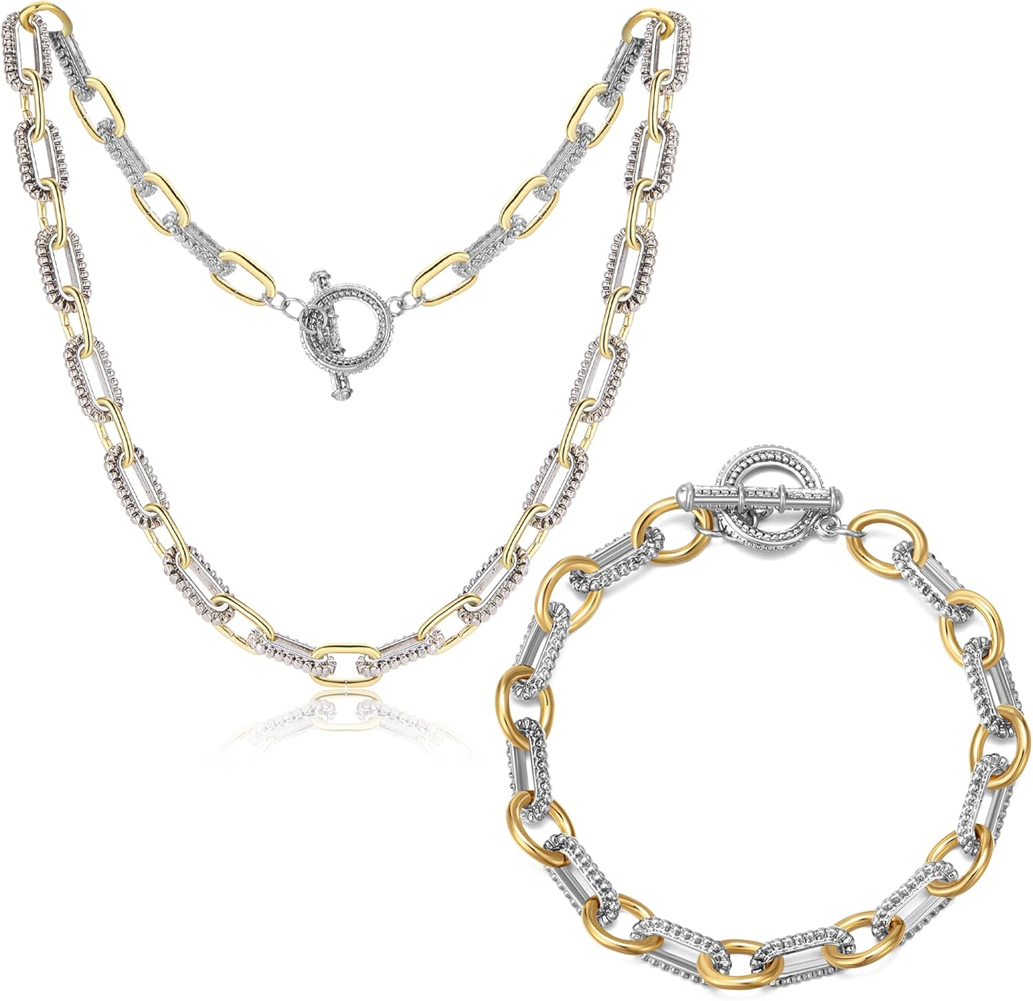 Two Tone Necklace for Women Mixed Metal Bracelet Set Statement Link Chain Gold Silver Jewelry Gifts for Women