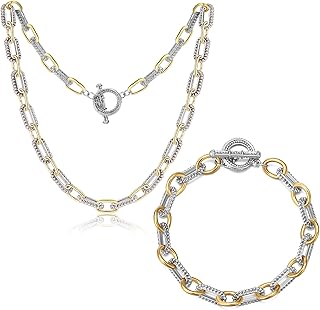 Two Tone Necklace for Women Mixed Metal Bracelet Set Statement Link Chai...