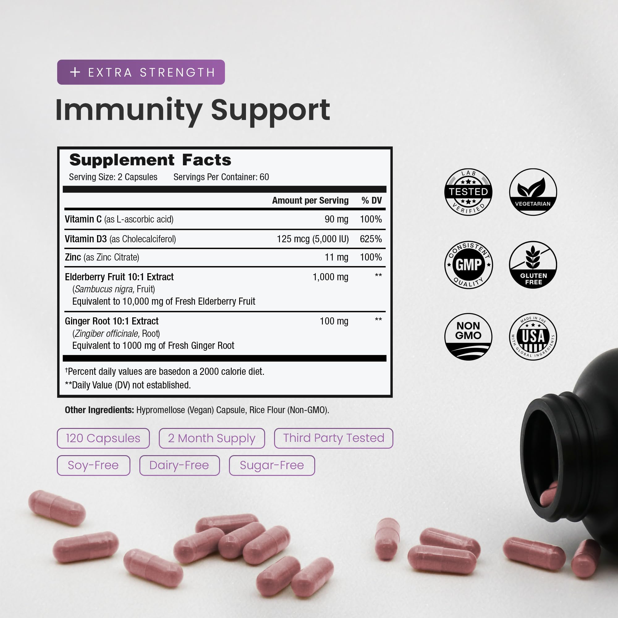 Elderberry with Vitamin C and Zinc - 5 in 1 - Immunity Support Supplement, 10,000mg Sambucus Black Elderberry Capsules with Vitamin D3 5000 IU, Sambucus Elderberry Extract - Immune Booster for Adults