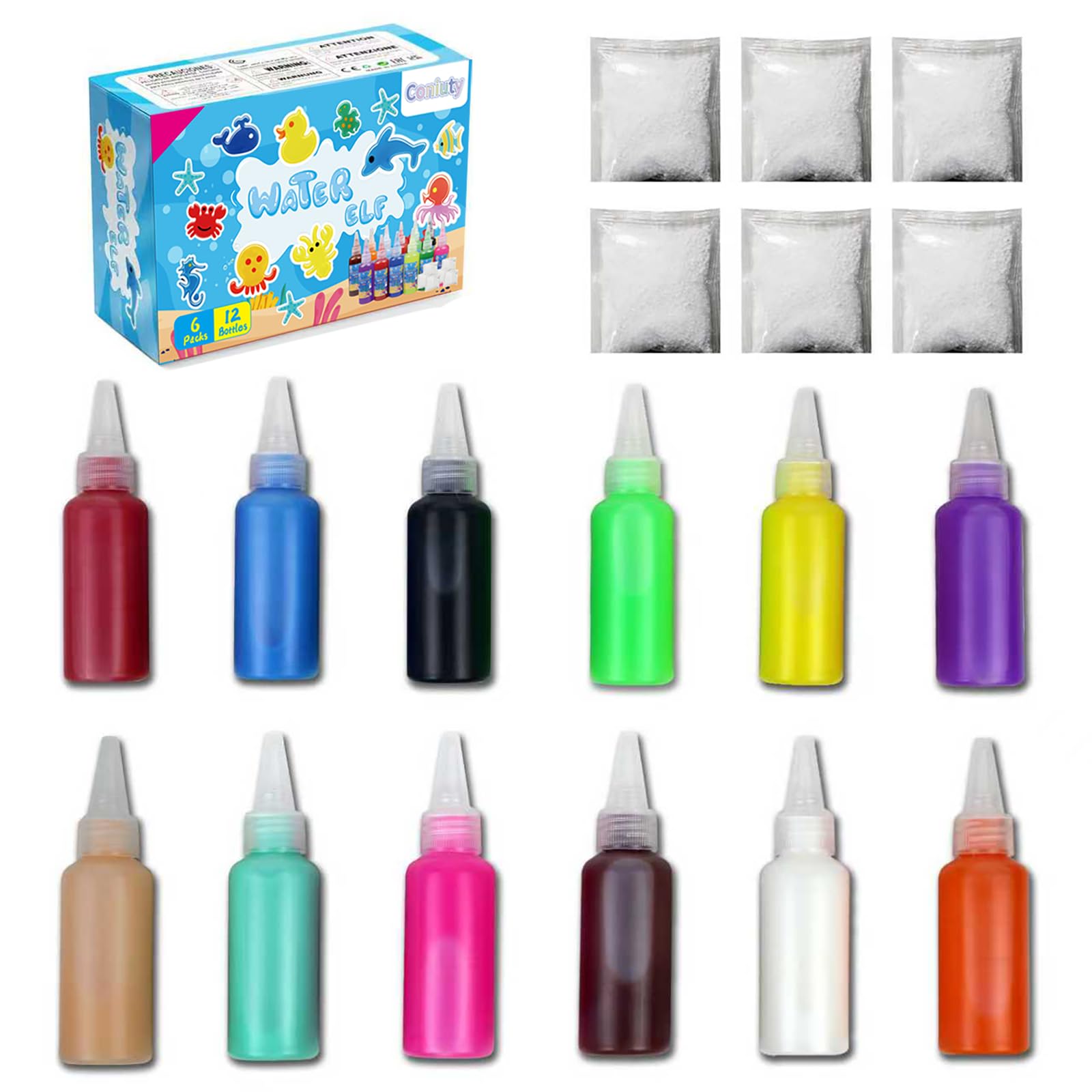 Magic Water Elf Toy Powder Refill 6 Packs + 12 Bottles Aqua Fairy Water Color Gel Kit