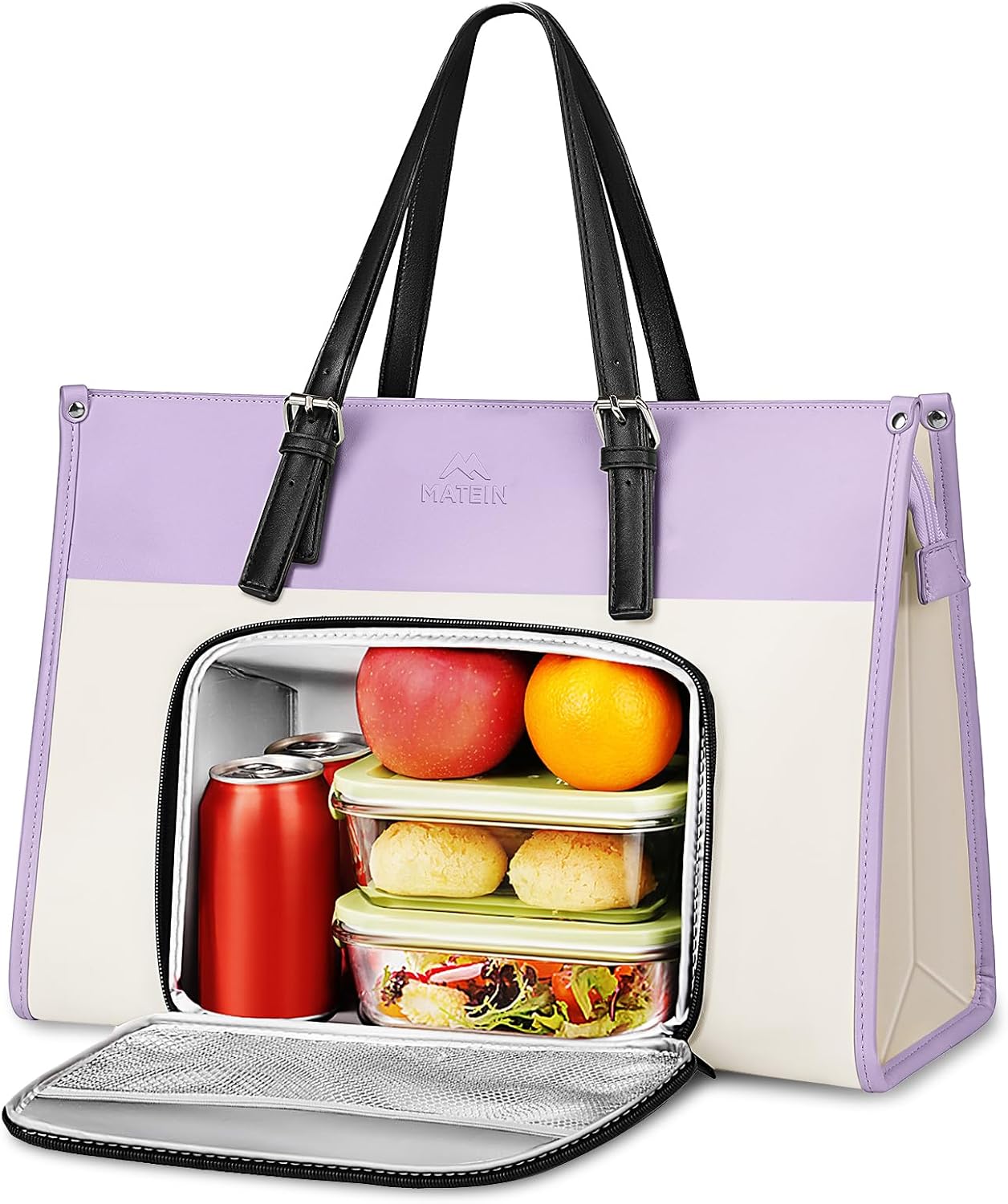 MATEIN Work Tote with Lunch Compartment, PU Leather 15.6 Inch Laptop Lunch Bags, Lightweight Lunch Purse Women with Laptop Compartment for Travel, Picnic, Ladies Gift, Light Purple - Image 9